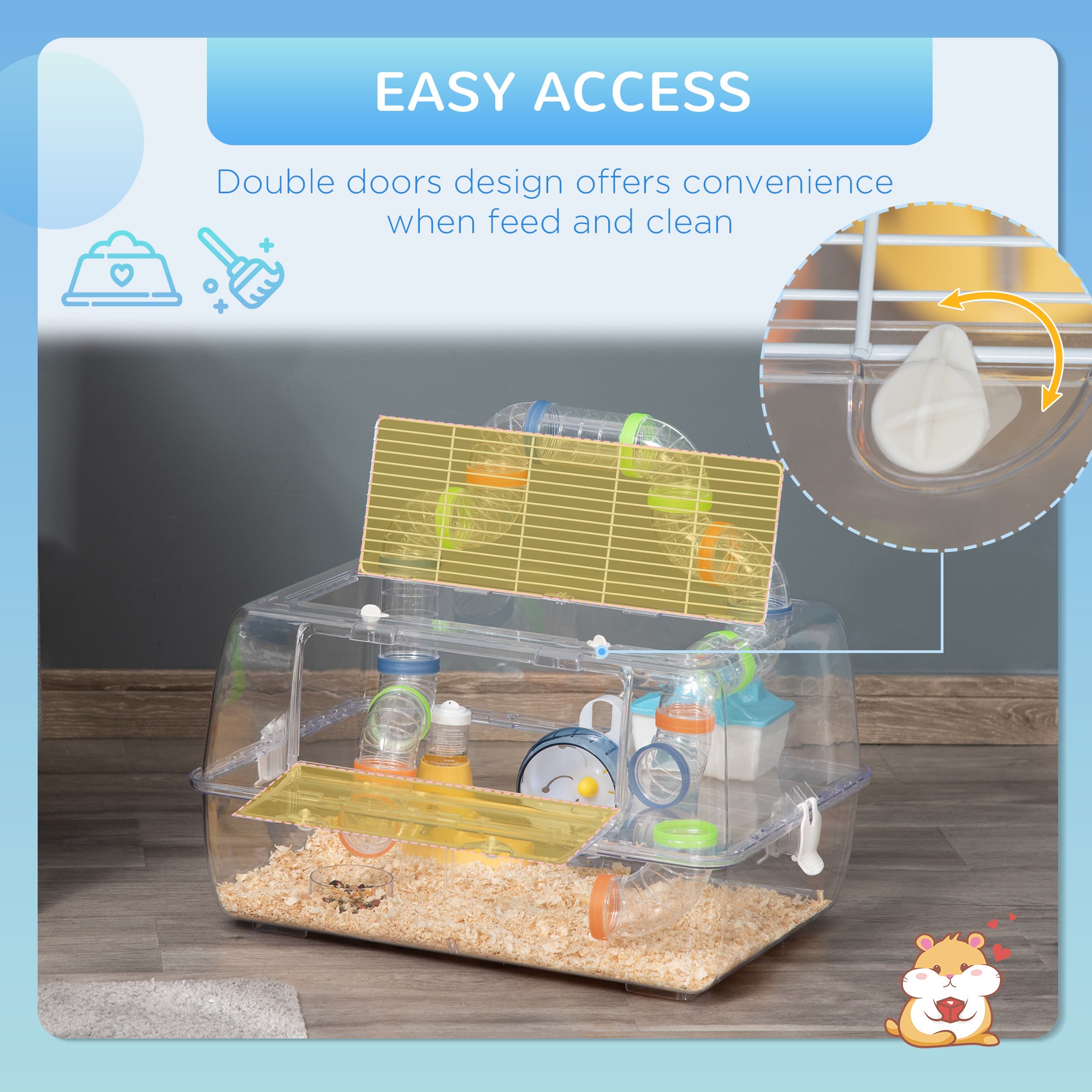 PawHut Hamster Cage, 2-Level Rat House Mouse Habitat with Accessories Tube Tunnels, Exercise Wheel, Water Bottle, Food Dish, Hut, 22" x 15" x 12.5", Transparent