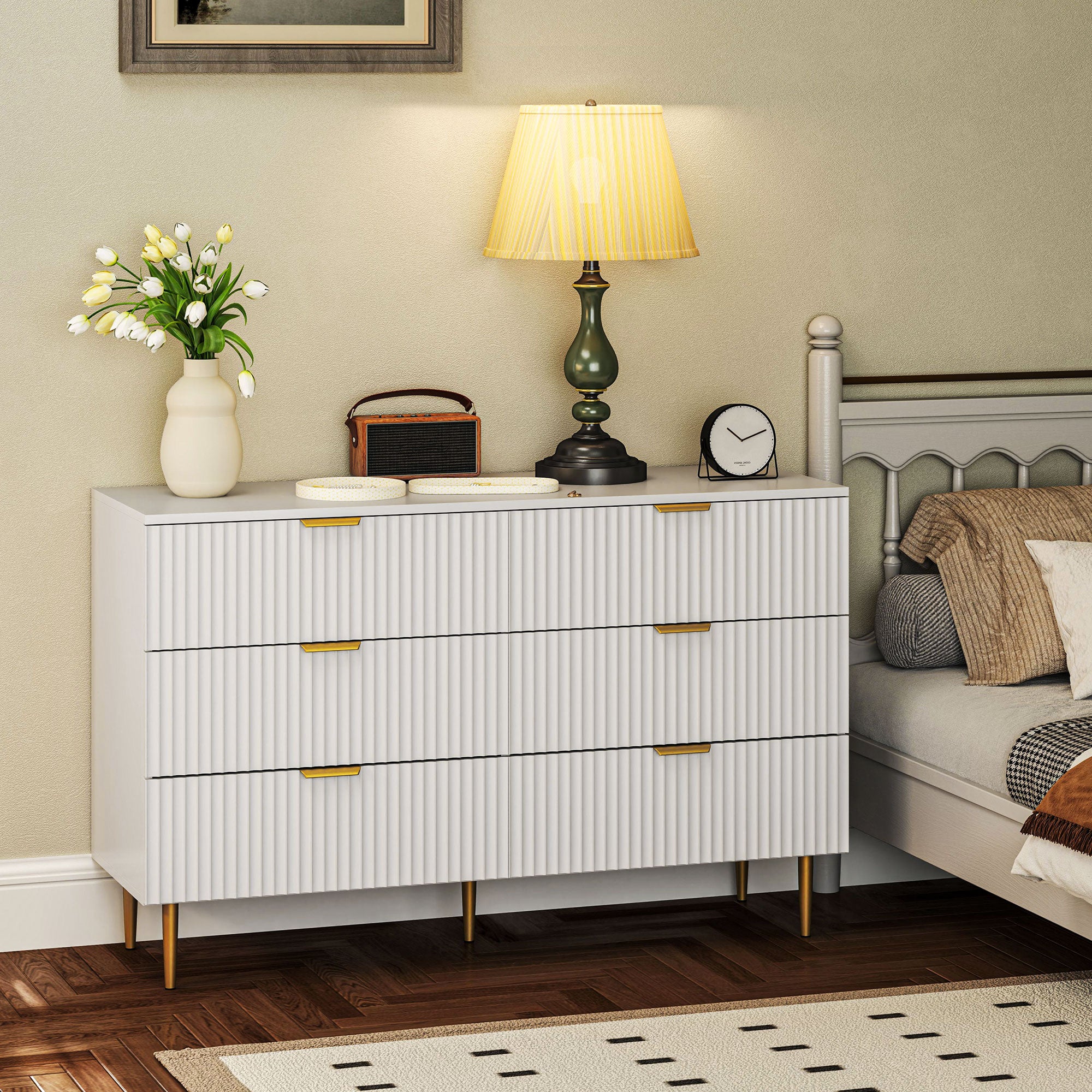 HOMCOM Modern 6 Drawer Dresser for Bedroom, Chest of Drawers with Luxury Gold Handles and Legs, Storage Drawers, White