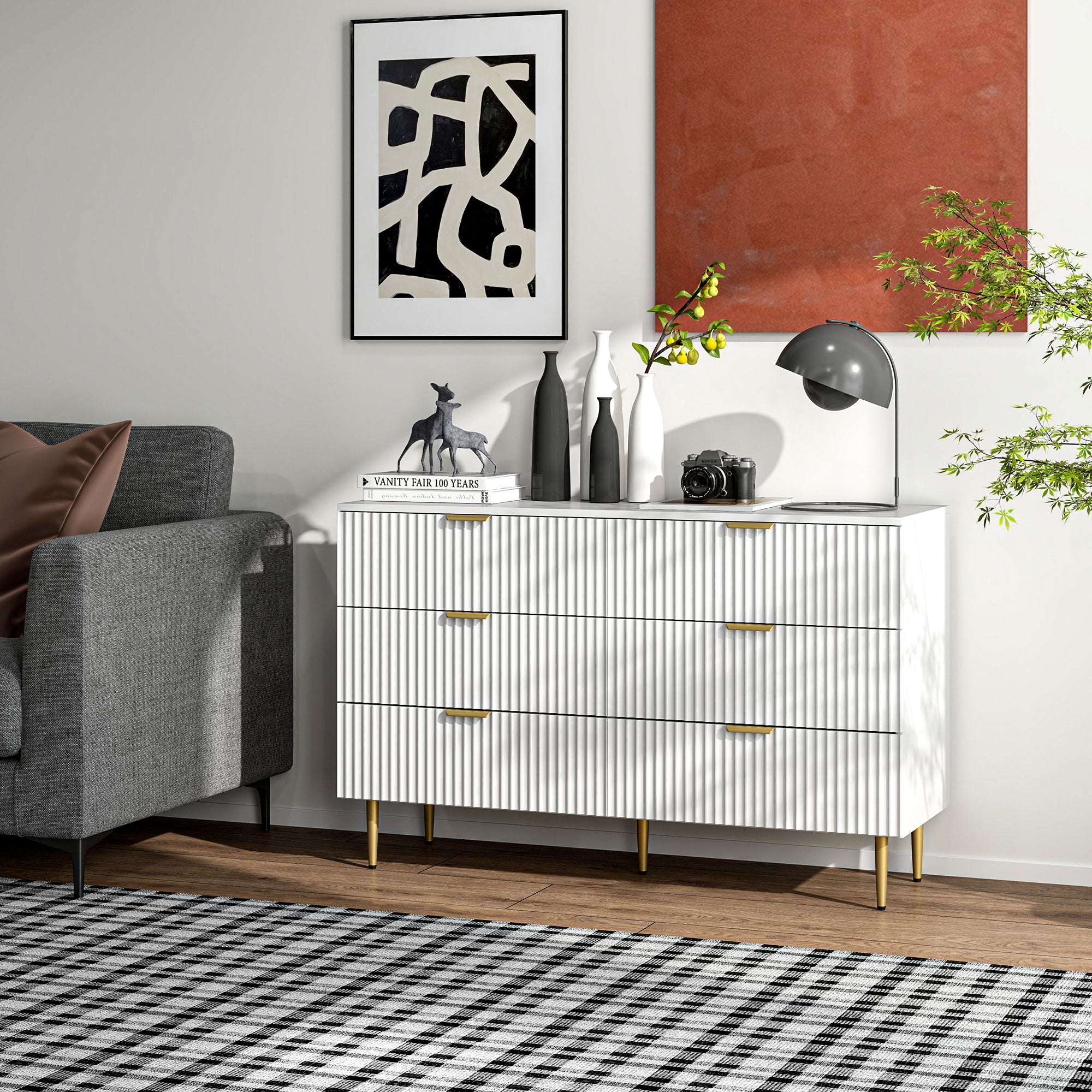 HOMCOM Modern 6 Drawer Dresser for Bedroom, Chest of Drawers with Luxury Gold Handles and Legs, Storage Drawers, White