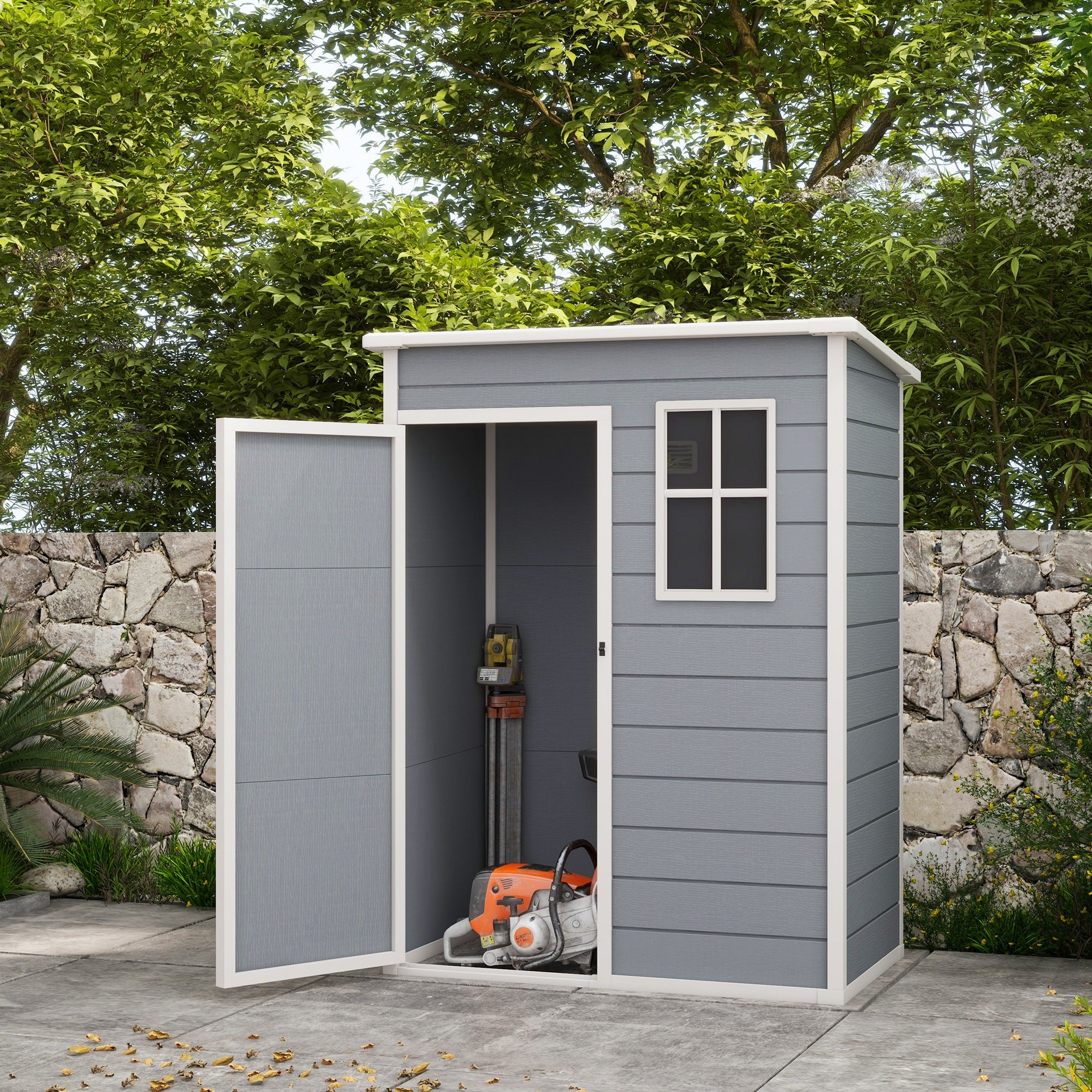 Outsunny 5 x 3FT Outdoor Storage Shed with Floor, Waterproof Garden Shed with Lockable Door, Window and Vent for Backyard, Lawn, Patio, Grey