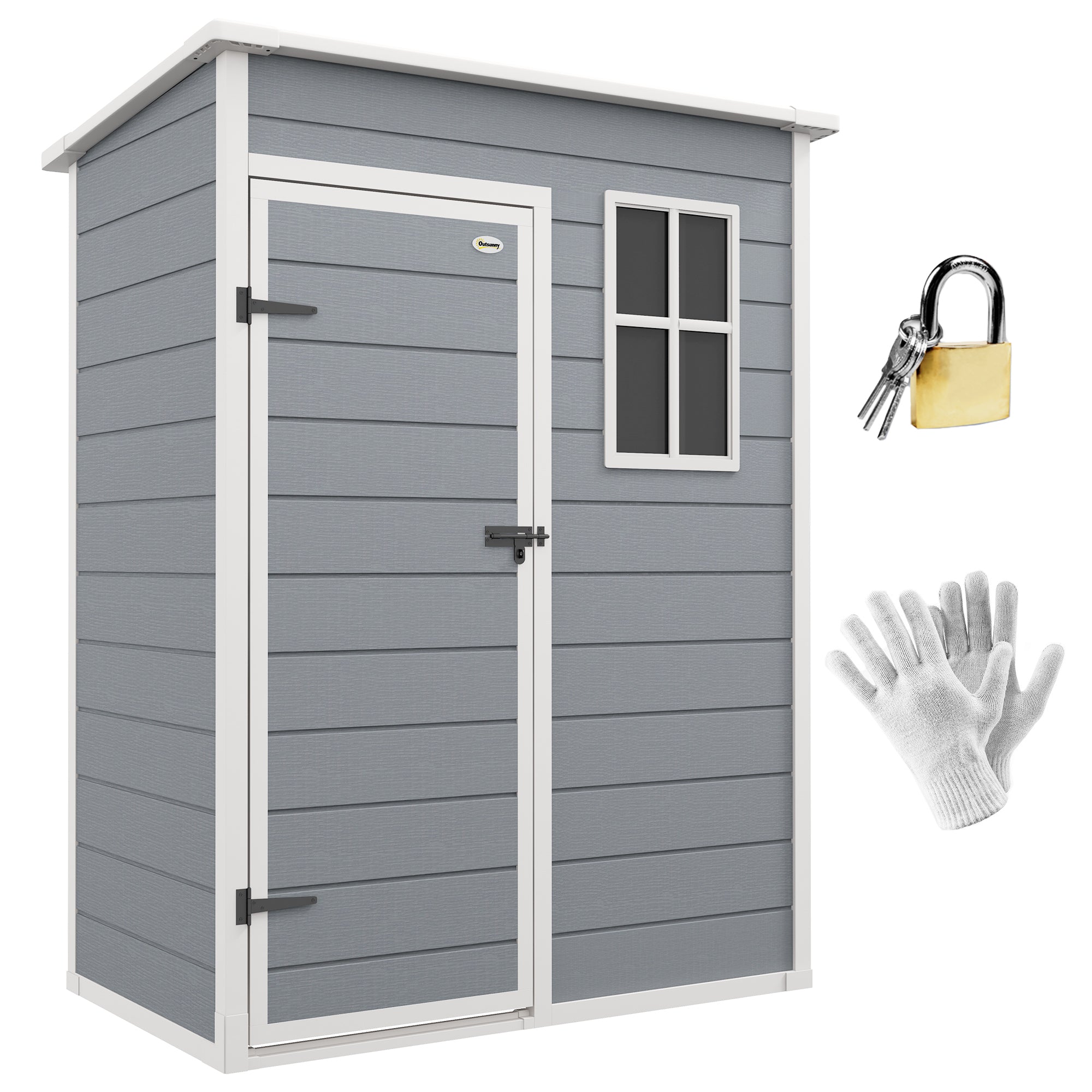 Outsunny 5 x 3FT Outdoor Storage Shed with Floor, Waterproof Garden Shed with Lockable Door, Window and Vent for Backyard, Lawn, Patio, Grey