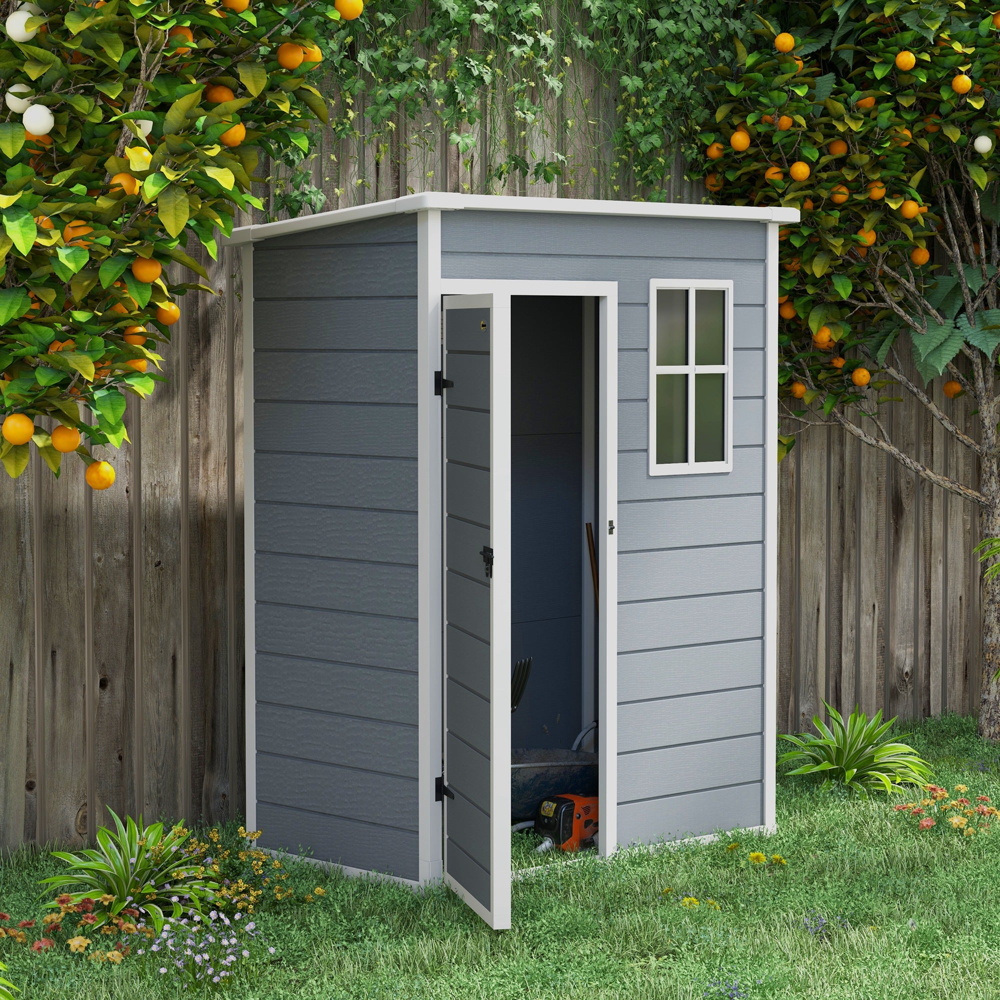 Outsunny 5 x 3FT Outdoor Storage Shed with Floor, Waterproof Garden Shed with Lockable Door, Window and Vent for Backyard, Lawn, Patio, Grey