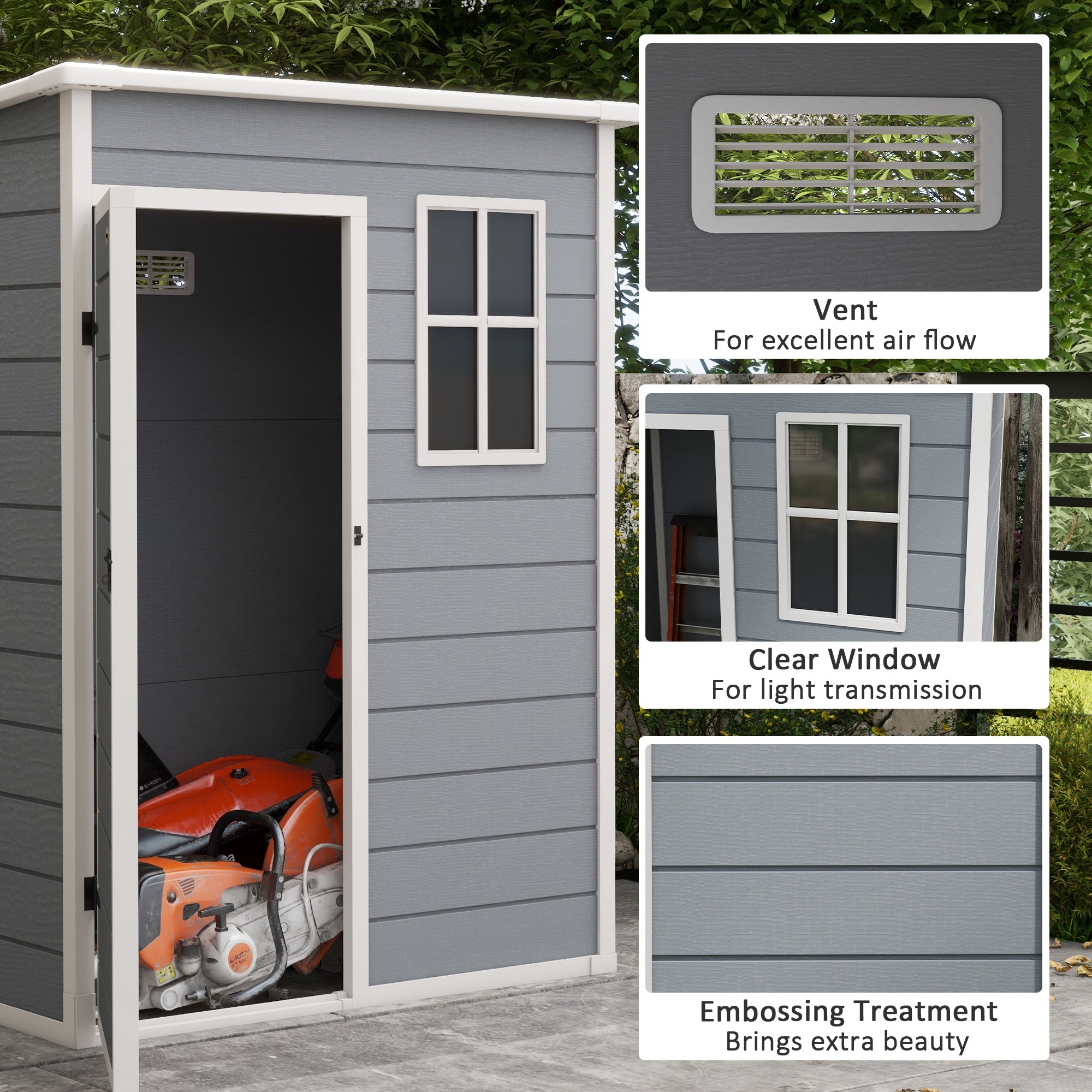 Outsunny 5 x 3FT Outdoor Storage Shed with Floor, Waterproof Garden Shed with Lockable Door, Window and Vent for Backyard, Lawn, Patio, Grey