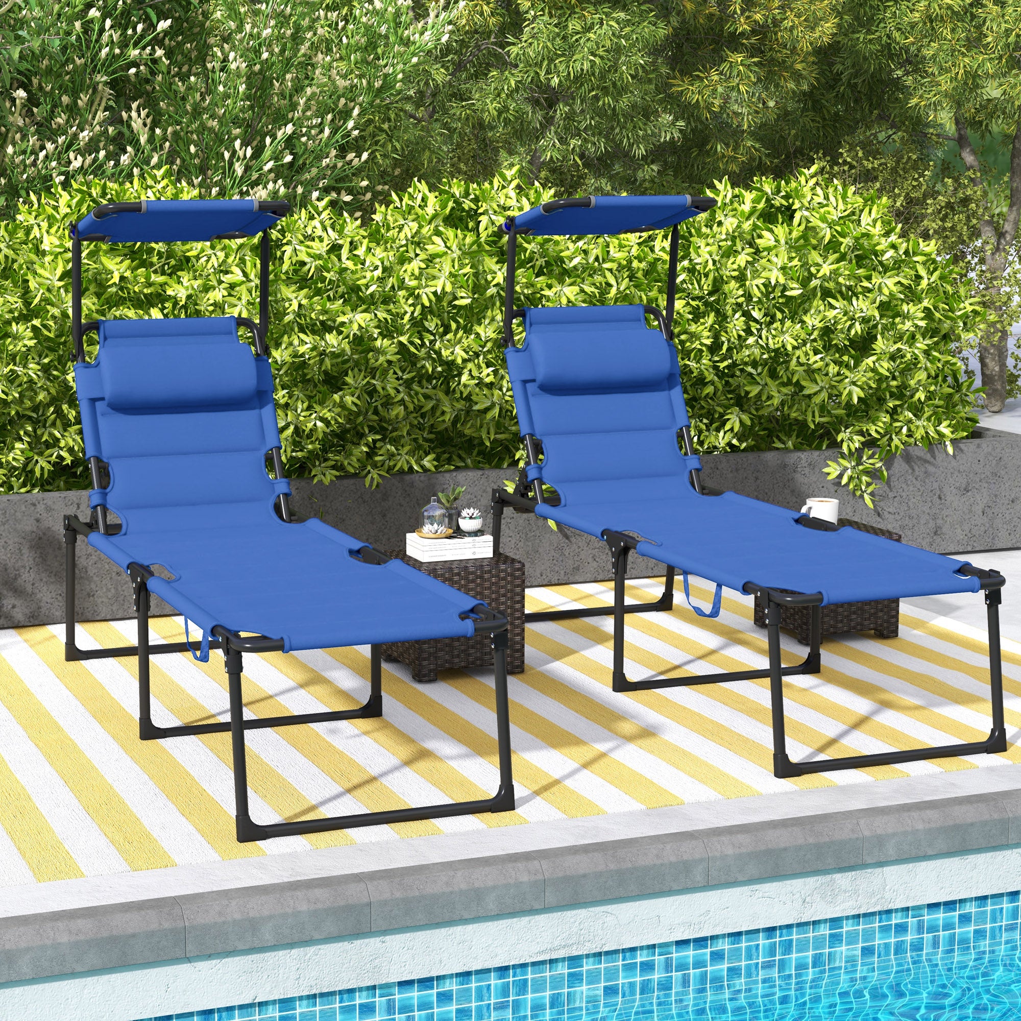 Outsunny Folding Chaise Lounge with Adjustable Sunroof, Outdoor Quick Dry Padded Tanning Chairs with Headrest, Reclining Back Outdoor Lounge Chair, for Beach, Yard, Patio, Blue