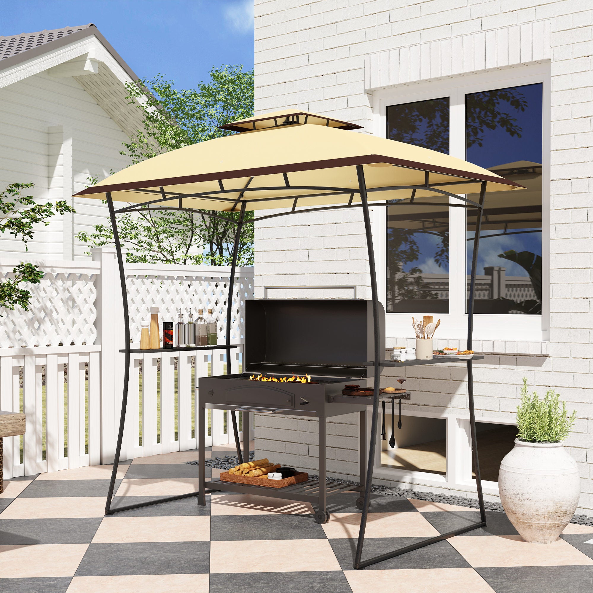 Outsunny 8' x 5' Grill Gazebo, Double Tiered Outdoor BBQ Gazebo with 2 Side Shelves, Barbecue Grill Gazebo Shelter with Hook for Patio, Garden, Backyard, Beige