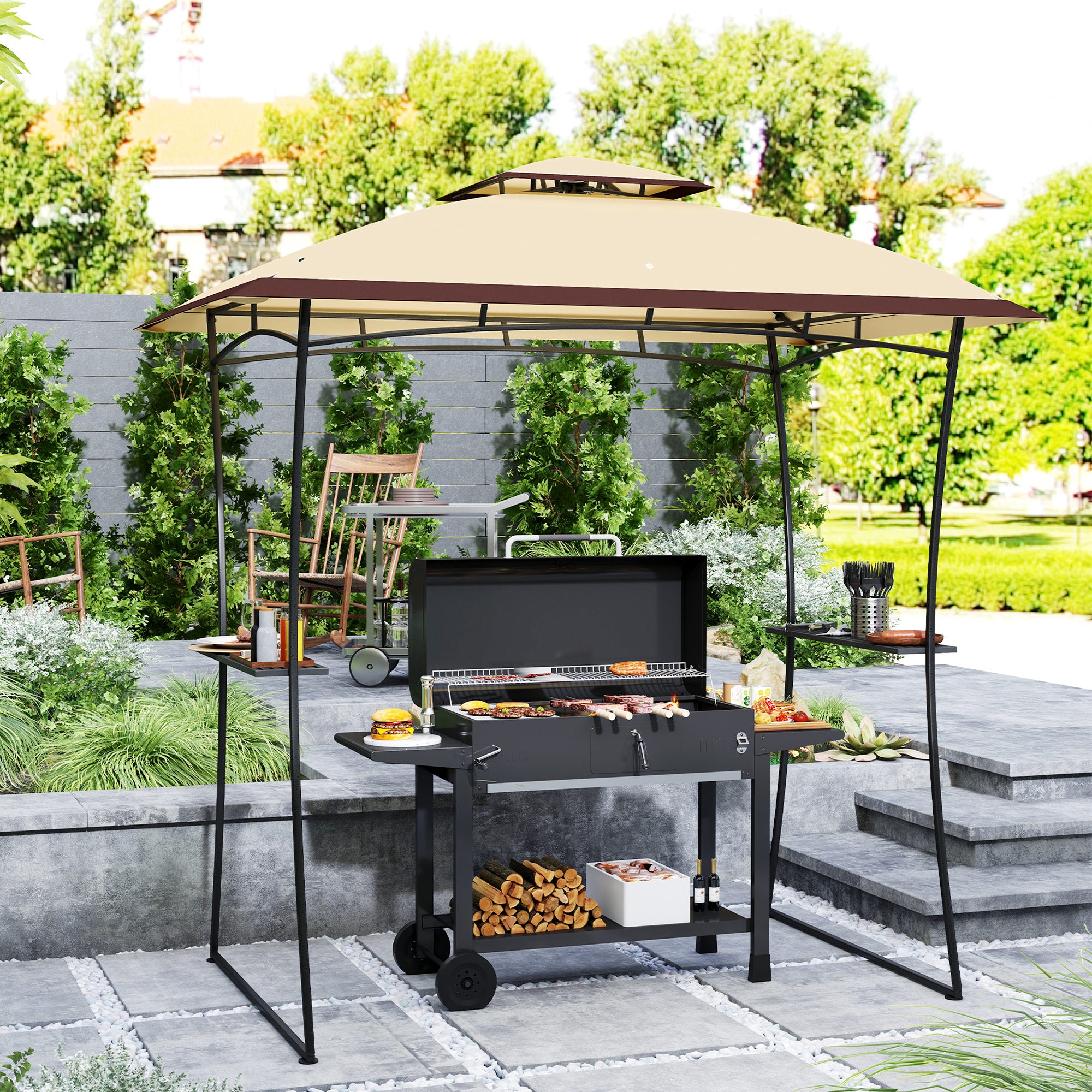 Outsunny 8' x 5' Grill Gazebo, Double Tiered Outdoor BBQ Gazebo with 2 Side Shelves, Barbecue Grill Gazebo Shelter with Hook for Patio, Garden, Backyard, Beige
