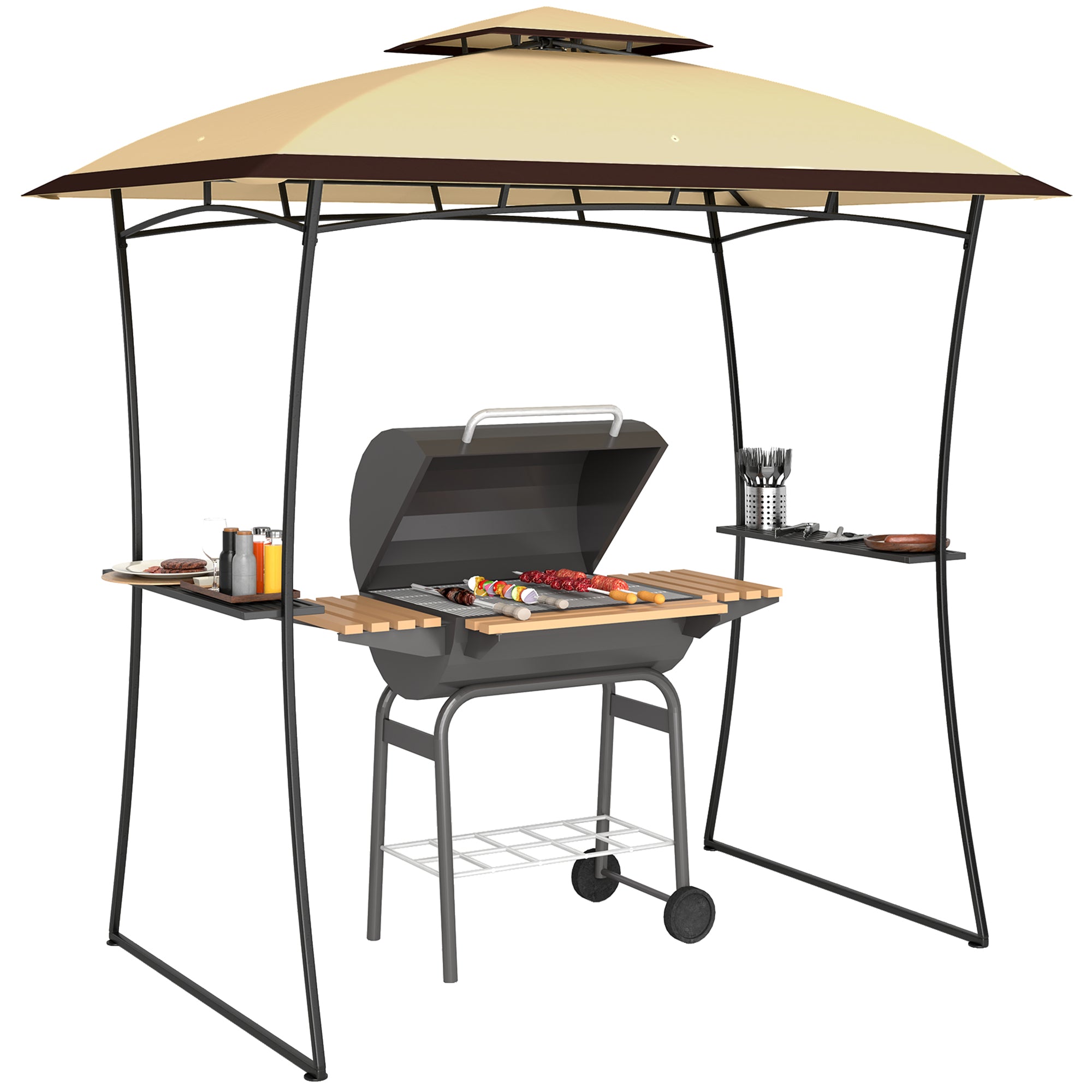 Outsunny 8' x 5' Grill Gazebo, Double Tiered Outdoor BBQ Gazebo with 2 Side Shelves, Barbecue Grill Gazebo Shelter with Hook for Patio, Garden, Backyard, Beige