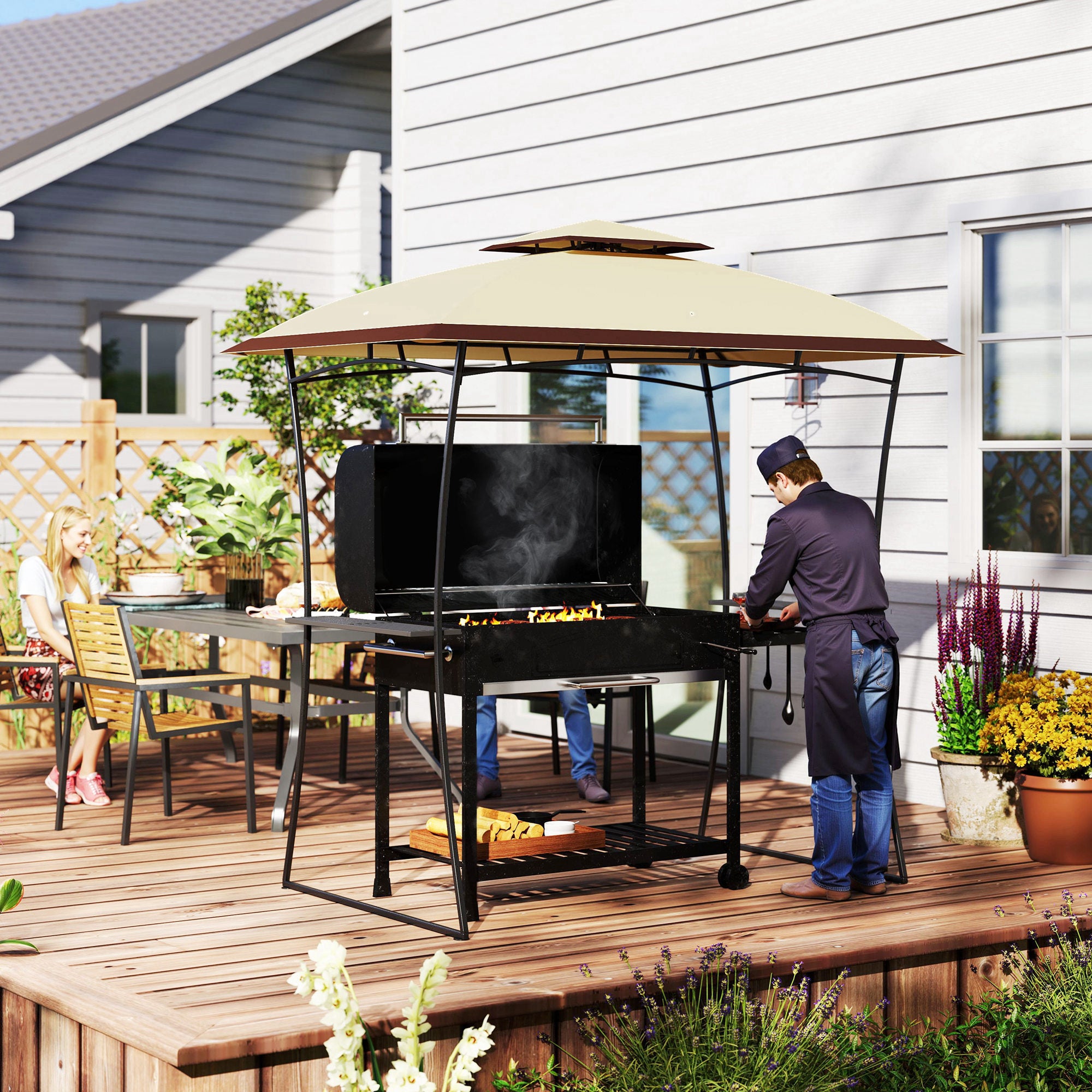 Outsunny 8' x 5' Grill Gazebo, Double Tiered Outdoor BBQ Gazebo with 2 Side Shelves, Barbecue Grill Gazebo Shelter with Hook for Patio, Garden, Backyard, Beige