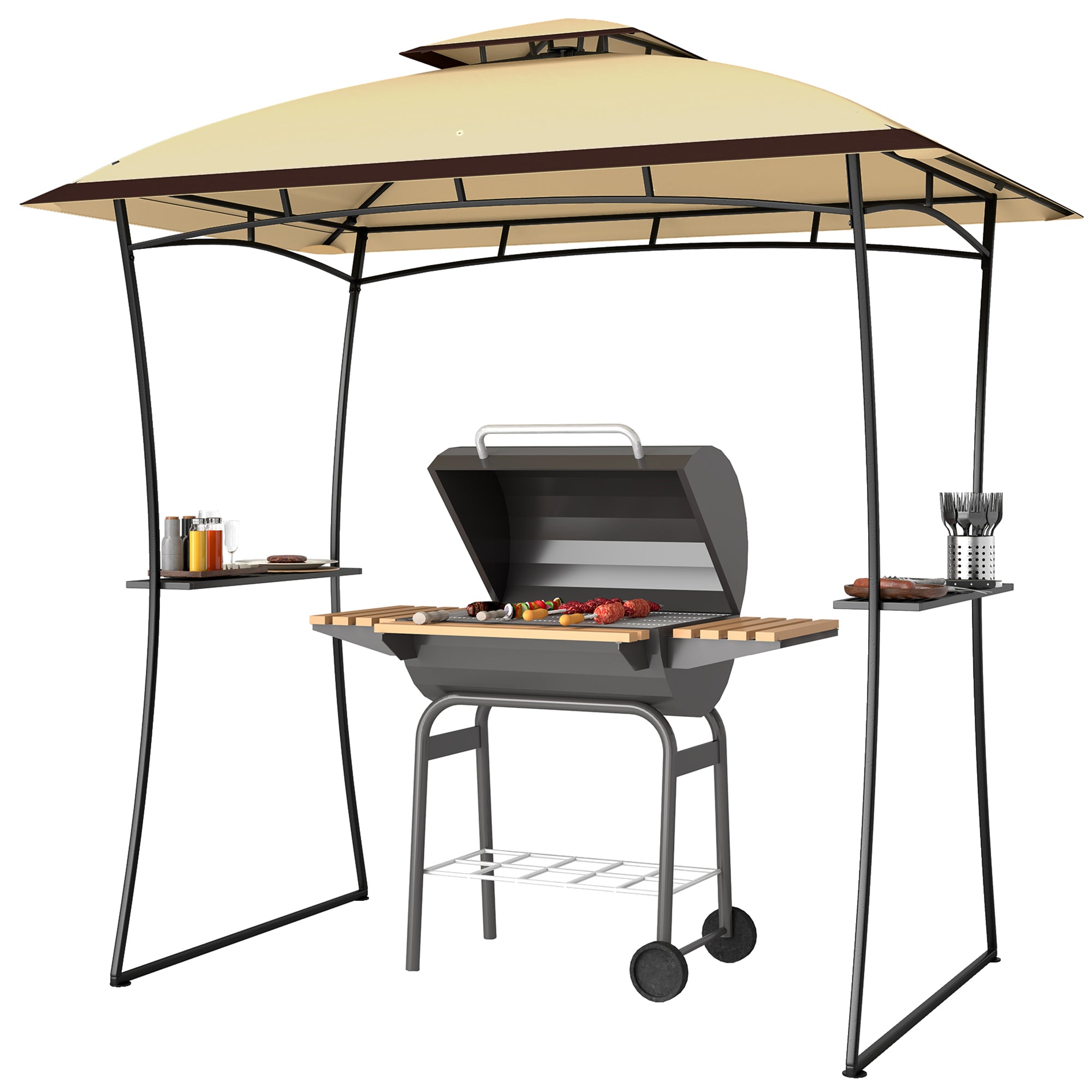 Outsunny 8' x 5' Grill Gazebo, Double Tiered Outdoor BBQ Gazebo with 2 Side Shelves, Barbecue Grill Gazebo Shelter with Hook for Patio, Garden, Backyard, Beige