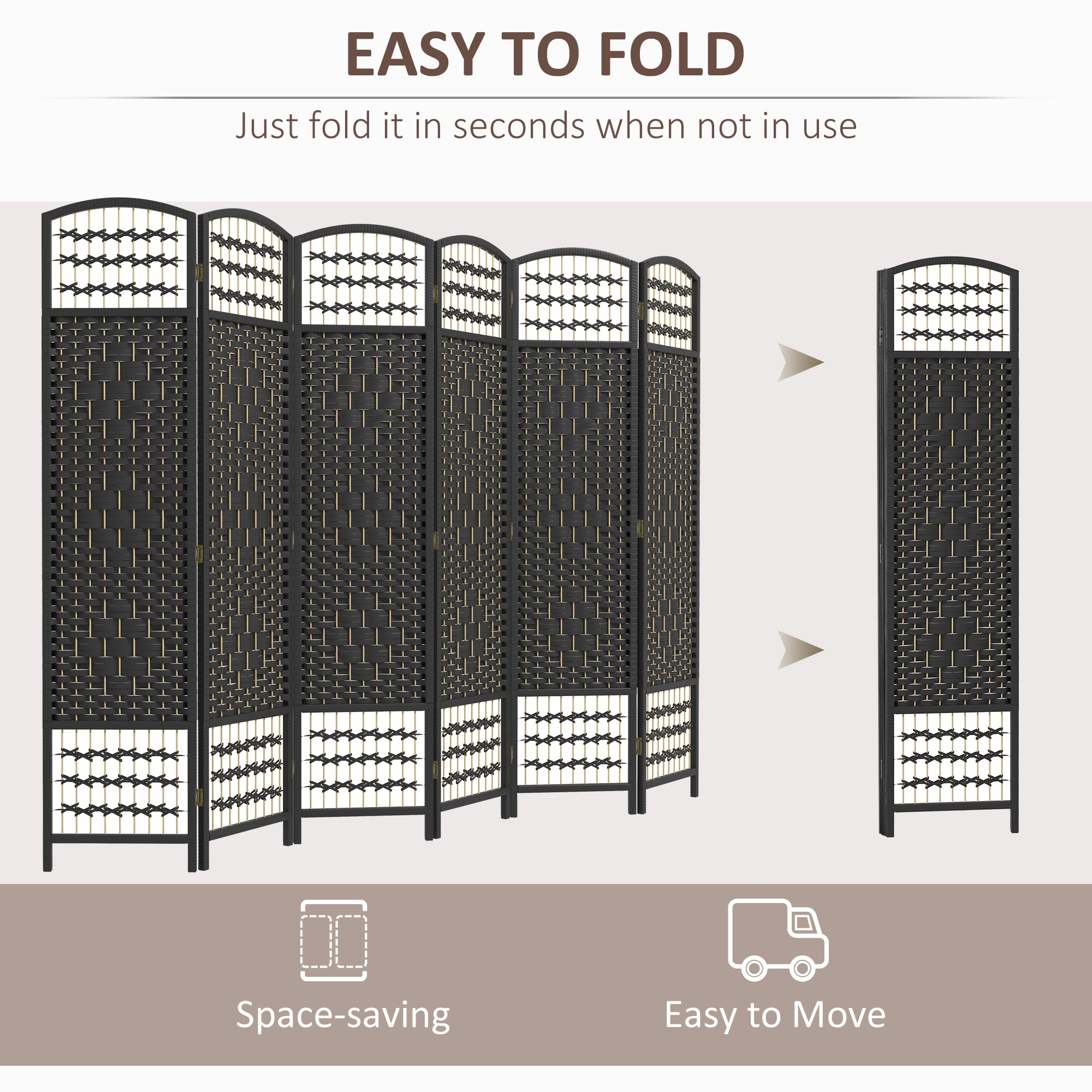 HOMCOM 6 Panel Room Divider, 5.6 ft Tall Folding Privacy Screen, Wave Fiber Freestanding Partition Wall Divider for Home Office, Black