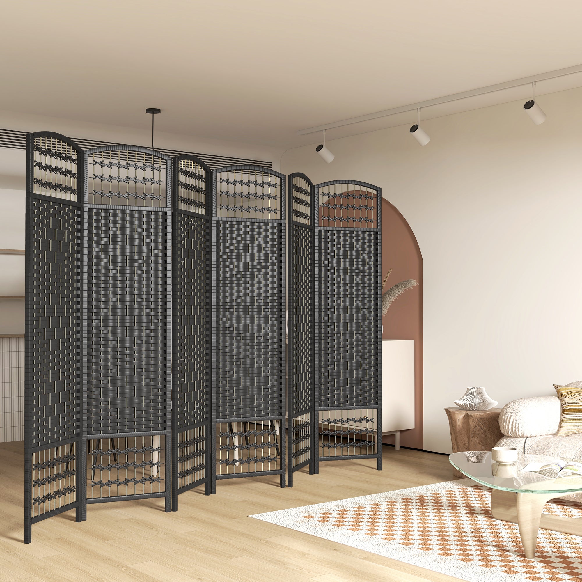 HOMCOM 6 Panel Room Divider, 5.6 ft Tall Folding Privacy Screen, Wave Fiber Freestanding Partition Wall Divider for Home Office, Black