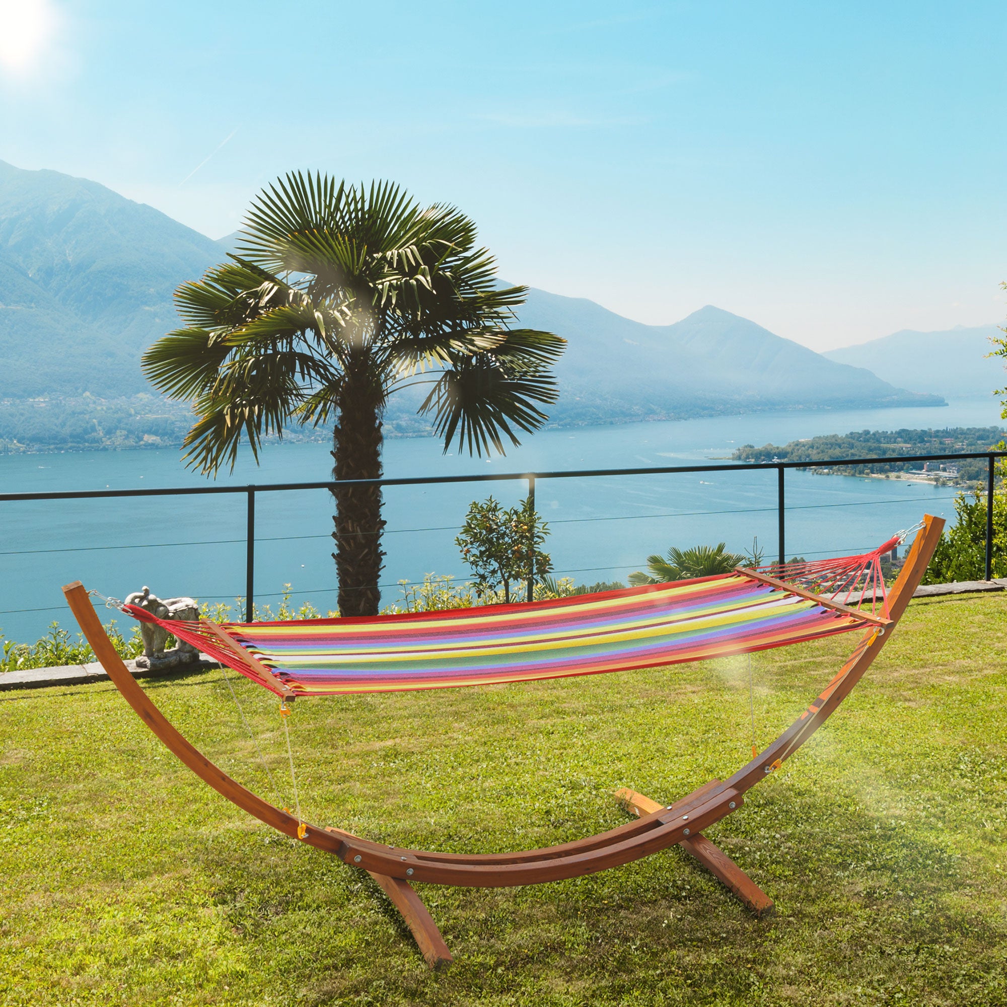 Outsunny 10' Outdoor Swing Hammock, Hammock with Wood Stand Rainbow Bed, Heavy Duty Roman Arc Hammock for Patio, Backyard, Balcony, Porch, Multi Color