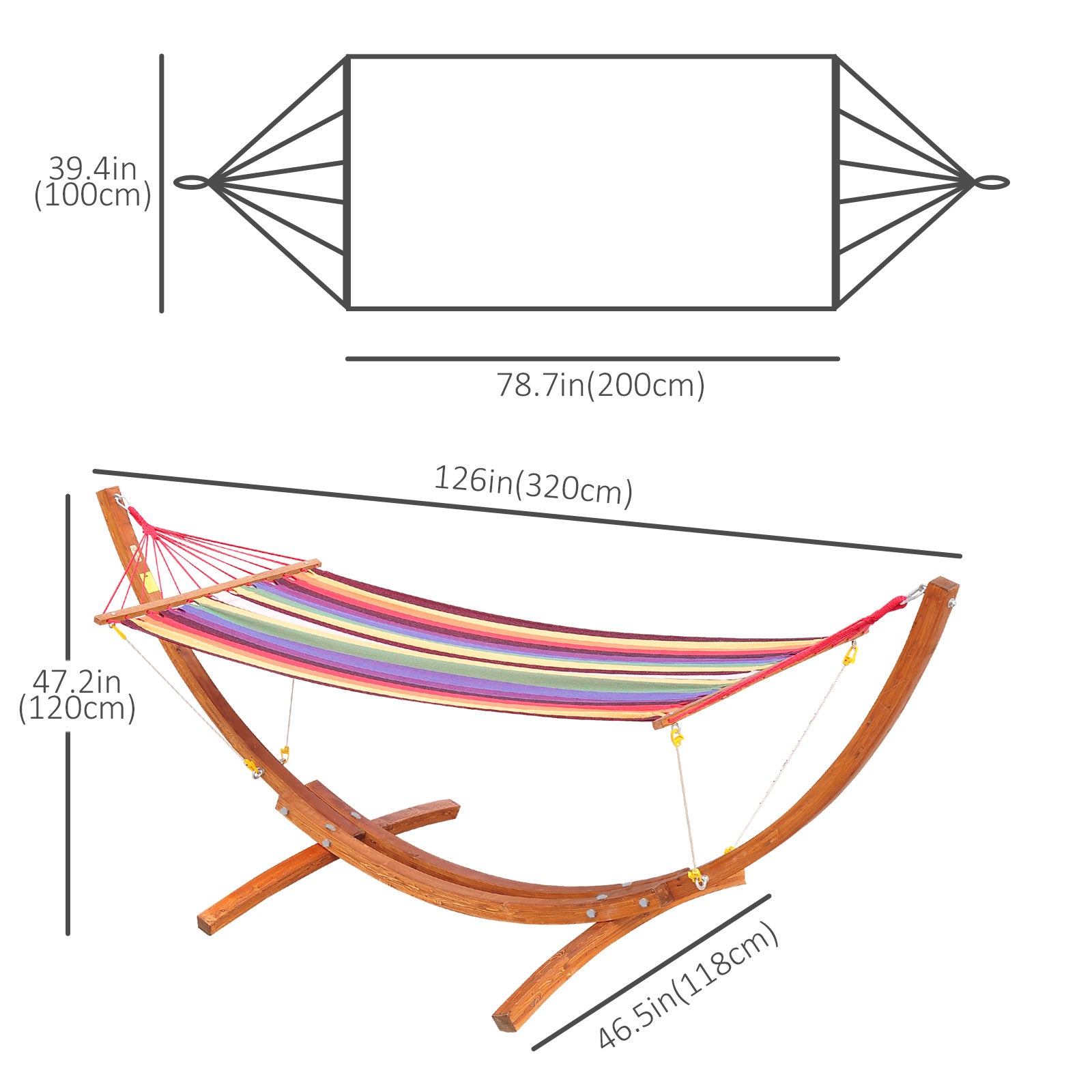 Outsunny 10' Outdoor Swing Hammock, Hammock with Wood Stand Rainbow Bed, Heavy Duty Roman Arc Hammock for Patio, Backyard, Balcony, Porch, Multi Color