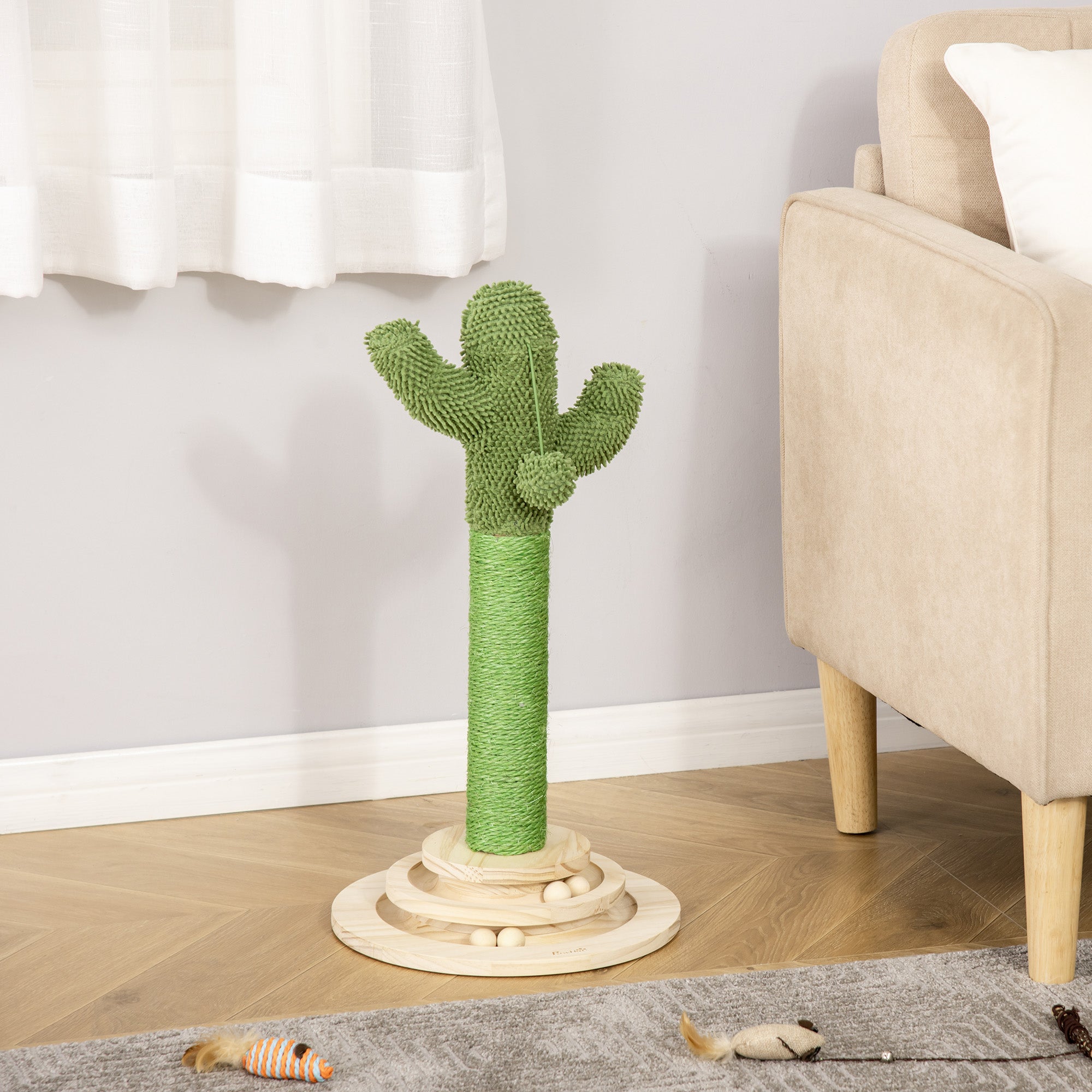 PawHut Cat Tree Cactus Sisal Scratching Post for Indoor Cats Play Tower Kitten Furniture with Hanging Ball Interactive Fun Roller Exerciser 32 x 32 x 60cm