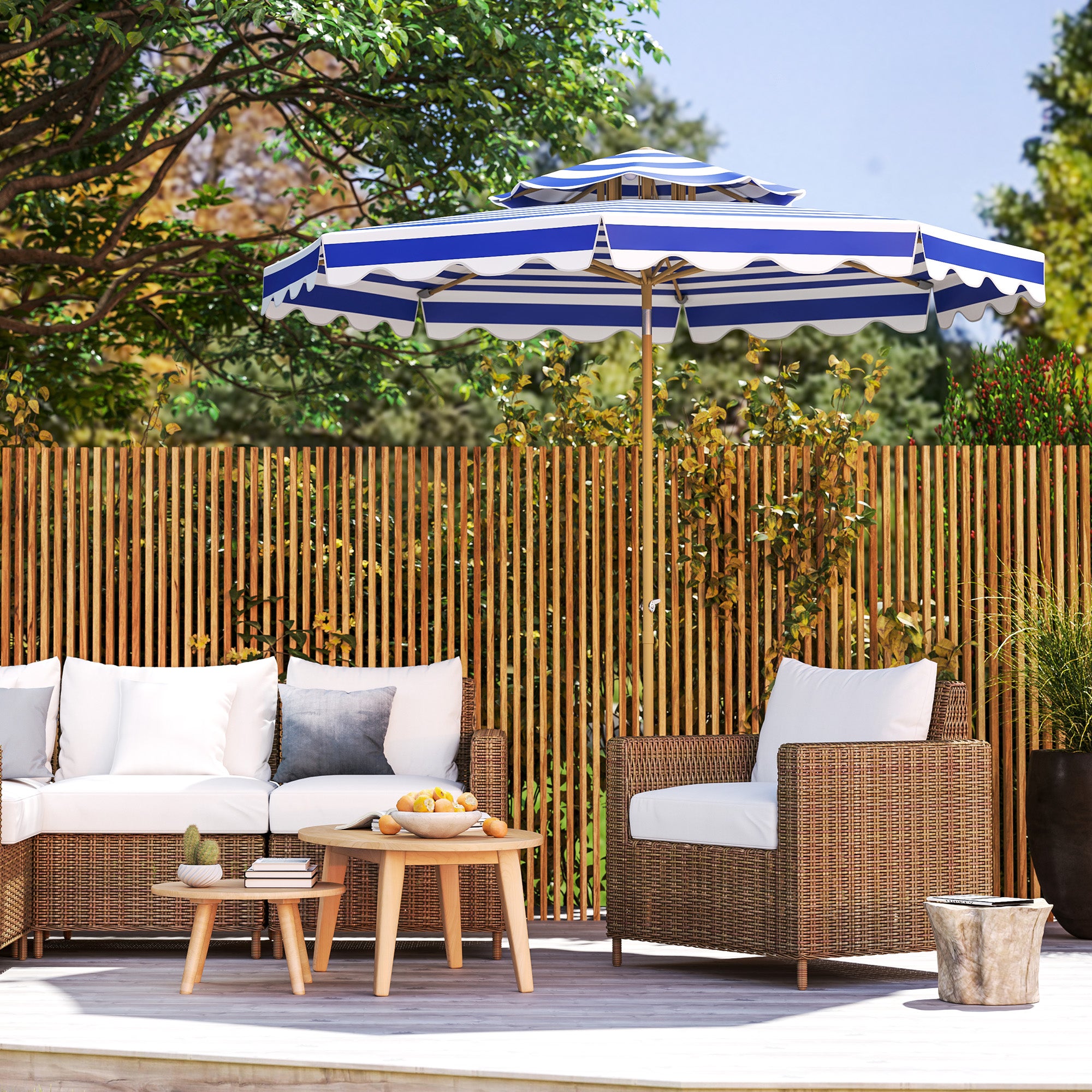 Outsunny 9FT Patio Umbrella, 45° Tilting Parasol with 8 Ribs, Crank, UPF 50+, 2-Tier Vented Patio Table Umbrella for Garden, Deck, Poolside, Blue