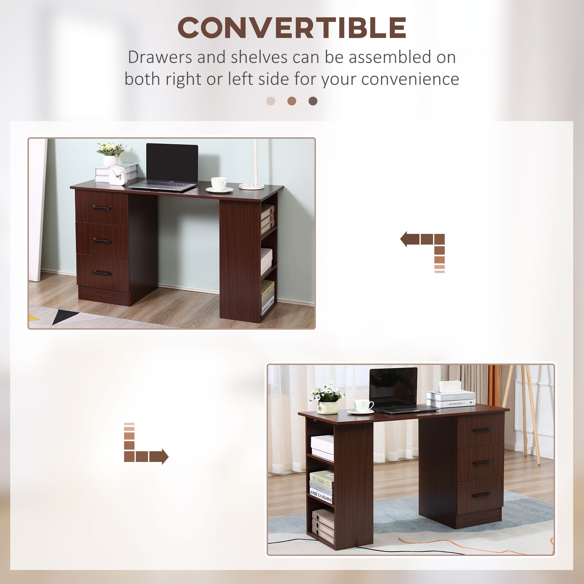 HOMCOM Computer Desk with 3-Tier Storage Shelves, 47 Inches Home Office Desk  with Drawers, Study Writing Table, Walnut