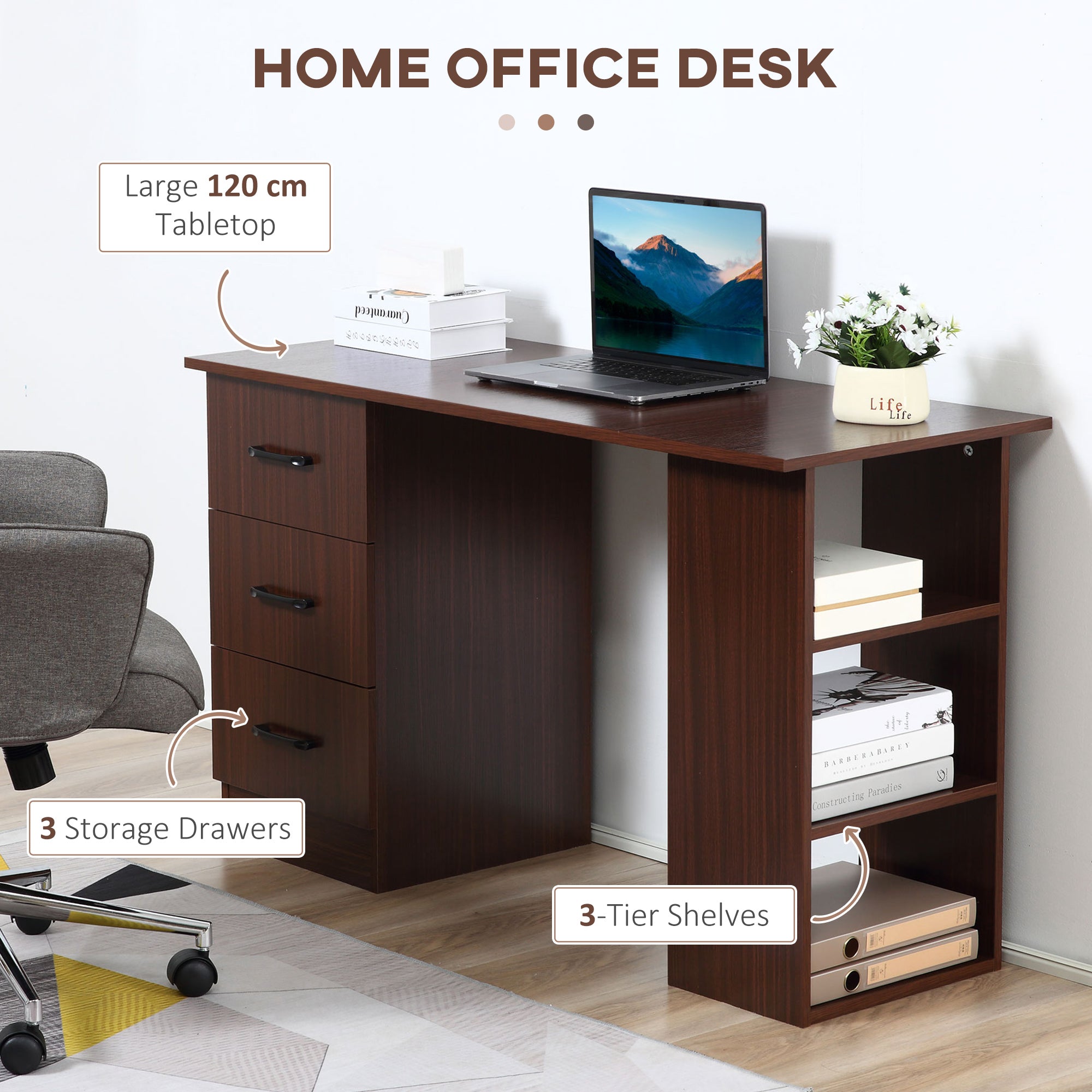 HOMCOM Computer Desk with 3-Tier Storage Shelves, 47 Inches Home Office Desk  with Drawers, Study Writing Table, Walnut