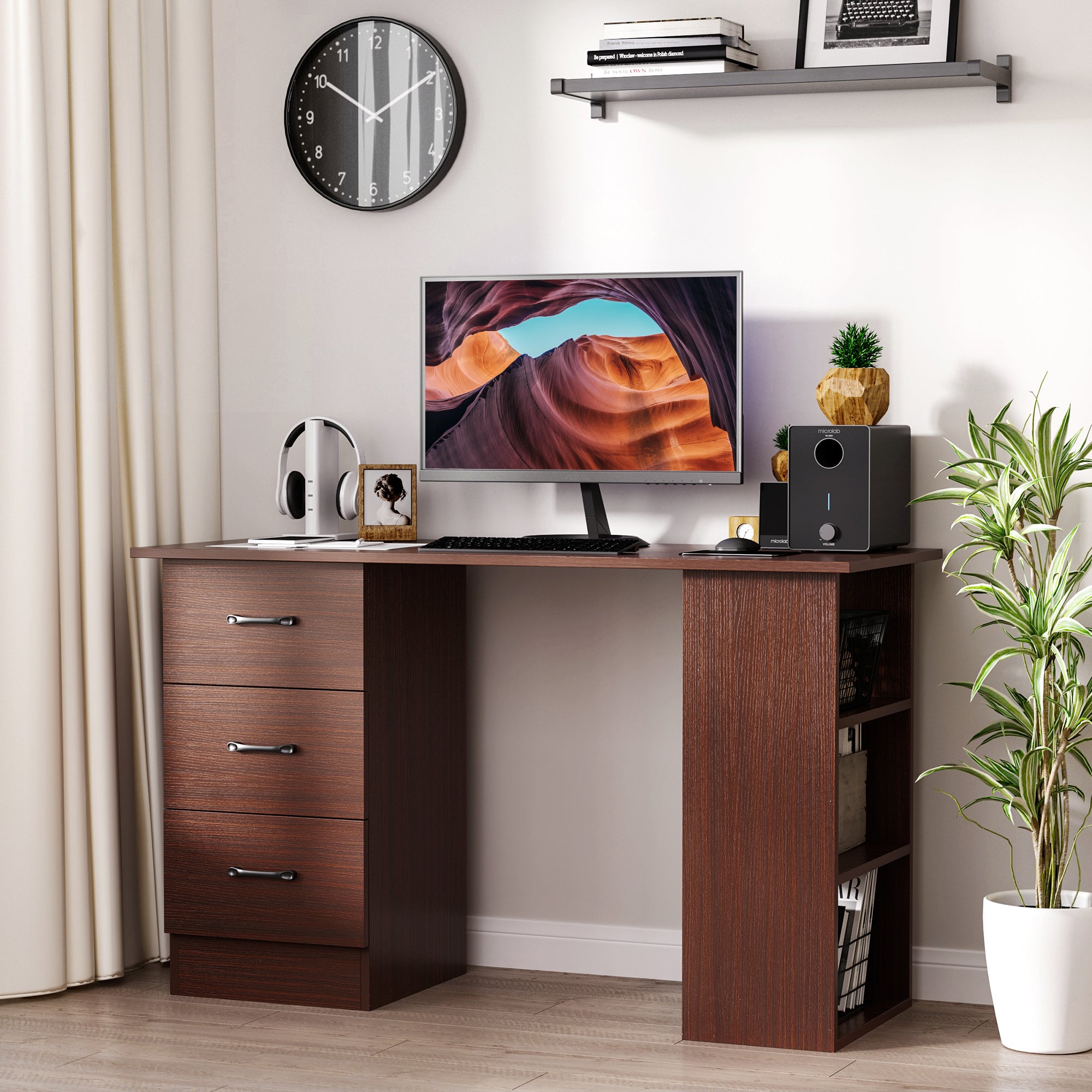 HOMCOM Computer Desk with 3-Tier Storage Shelves, 47 Inches Home Office Desk  with Drawers, Study Writing Table, Walnut