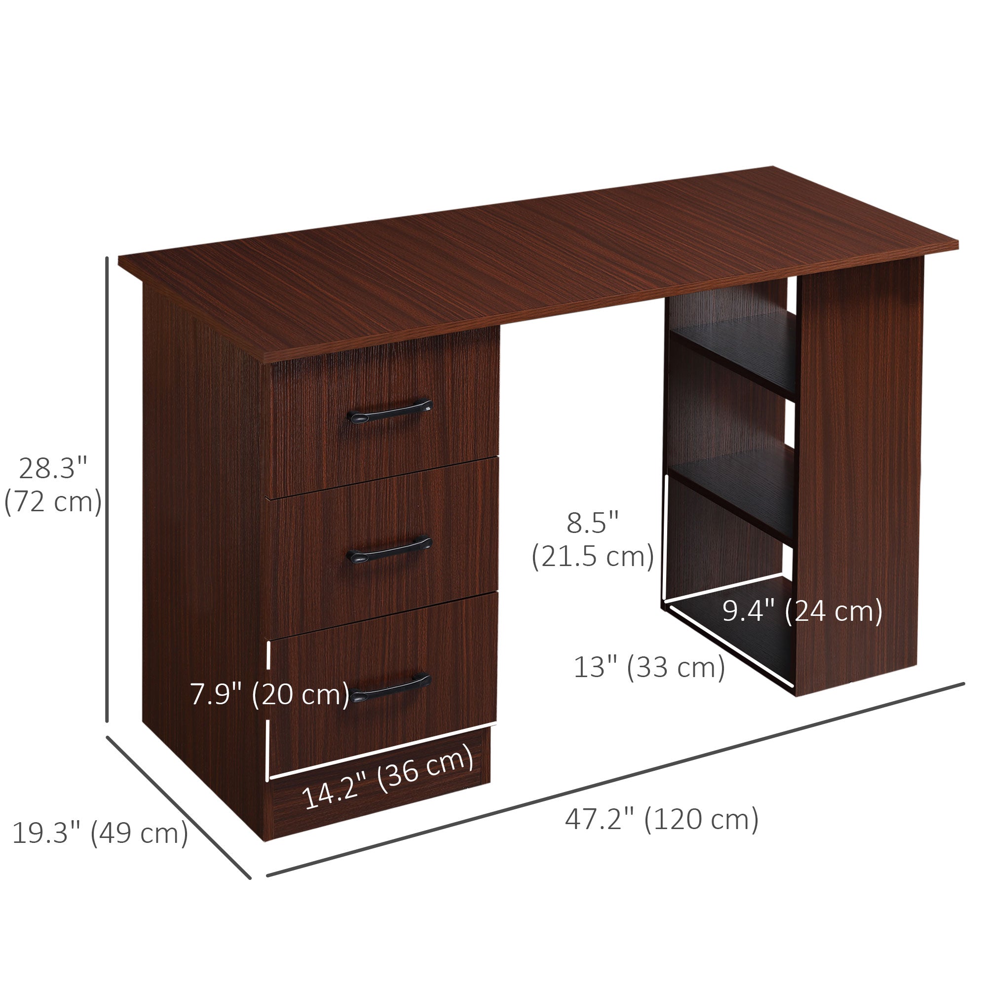 HOMCOM Computer Desk with 3-Tier Storage Shelves, 47 Inches Home Office Desk  with Drawers, Study Writing Table, Walnut