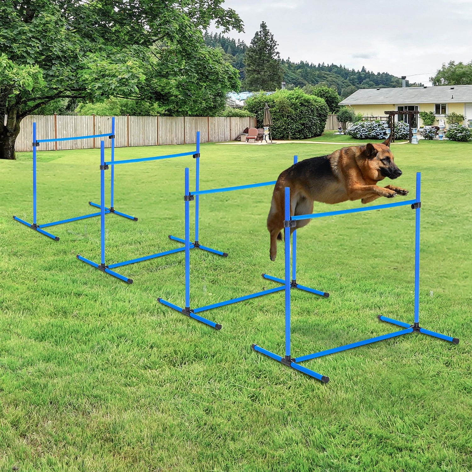 PawHut Set of 4 Dog Training Agility Gear Adjustable Jump Bar Pet Exercise Kit with Carrying Bag (Blue)