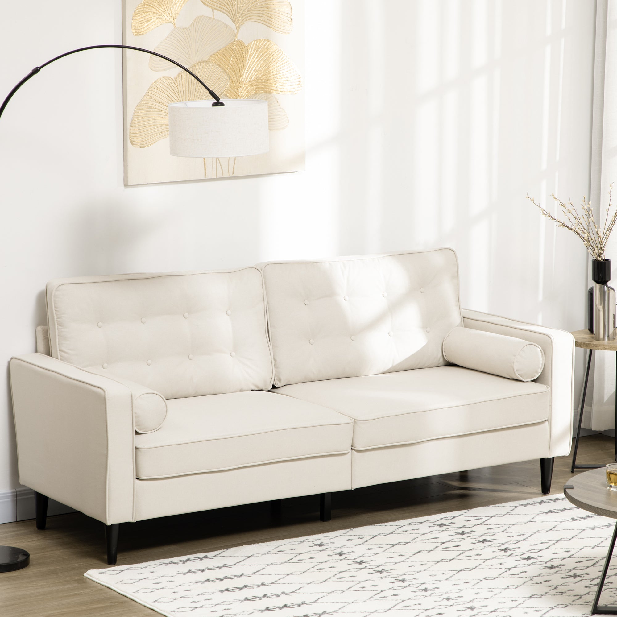 HOMCOM Mid-Century Sofa, Couch with Button-Tufted Back Cushion, Velvet Feel Fabric Upholstery, 2 Cylindrical Pillows and Rubber Wood Legs for Living Room, Cream White
