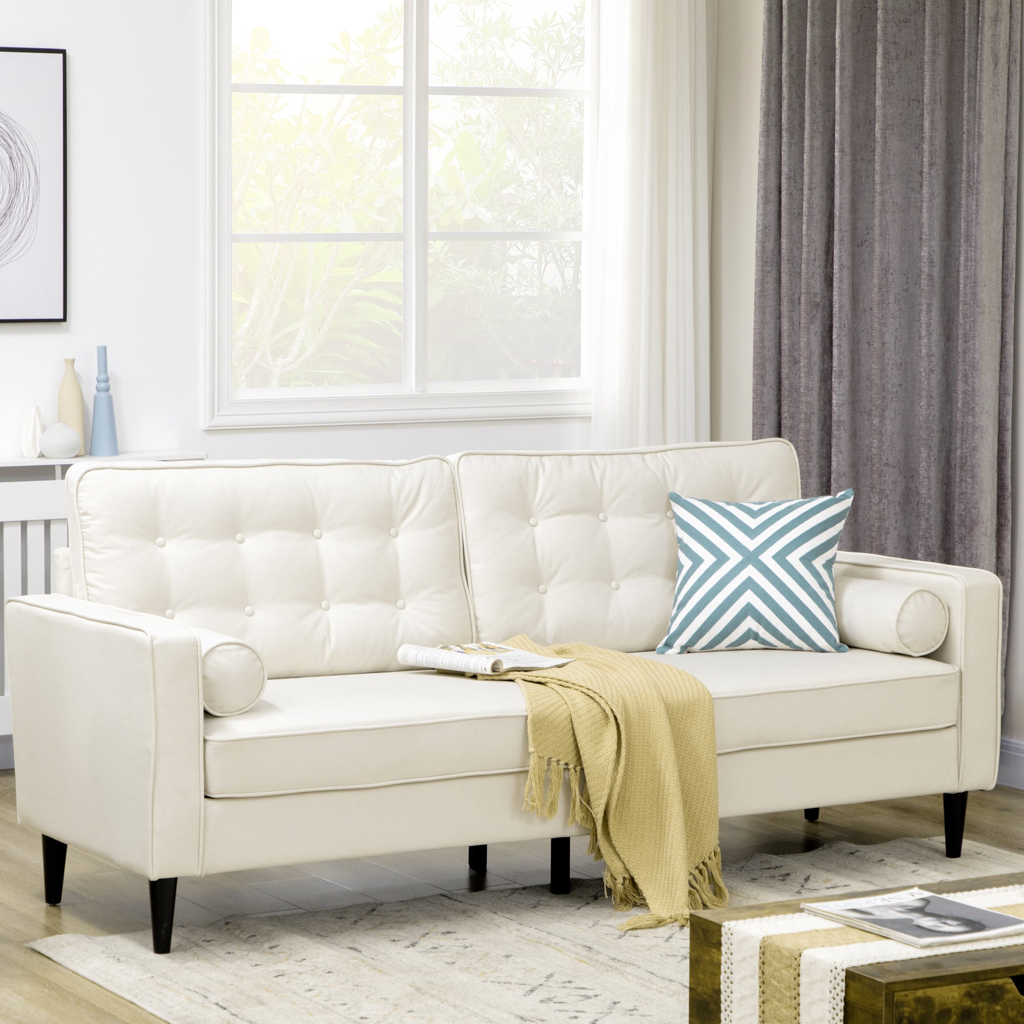 HOMCOM Mid-Century Sofa, Couch with Button-Tufted Back Cushion, Velvet Feel Fabric Upholstery, 2 Cylindrical Pillows and Rubber Wood Legs for Living Room, Cream White