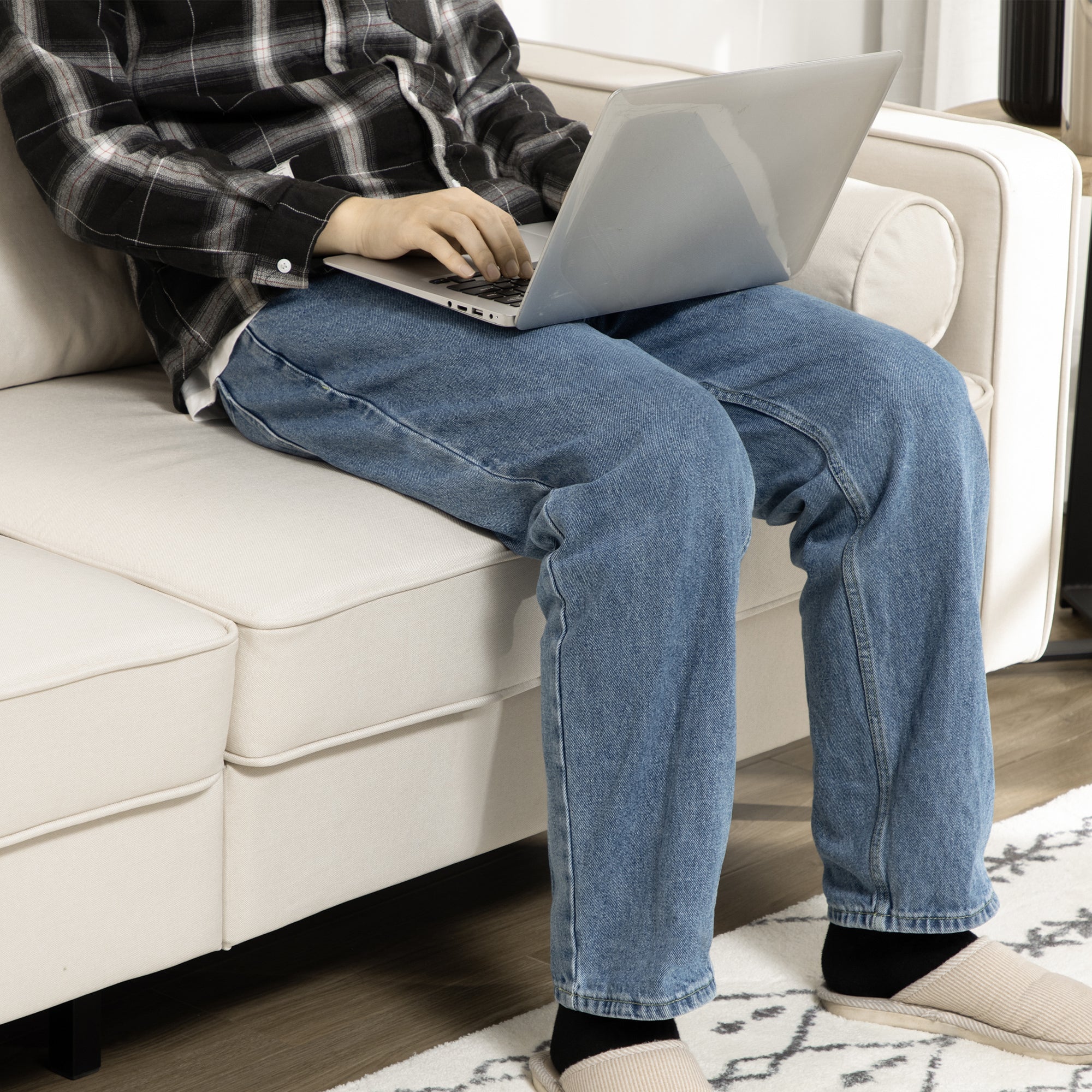 HOMCOM Mid-Century Sofa, Couch with Button-Tufted Back Cushion, Velvet Feel Fabric Upholstery, 2 Cylindrical Pillows and Rubber Wood Legs for Living Room, Cream White