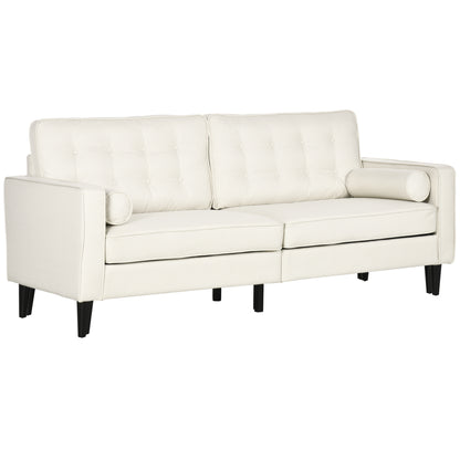 HOMCOM Mid-Century Sofa, Couch with Button-Tufted Back Cushion, Velvet Feel Fabric Upholstery, 2 Cylindrical Pillows and Rubber Wood Legs for Living Room, Cream White