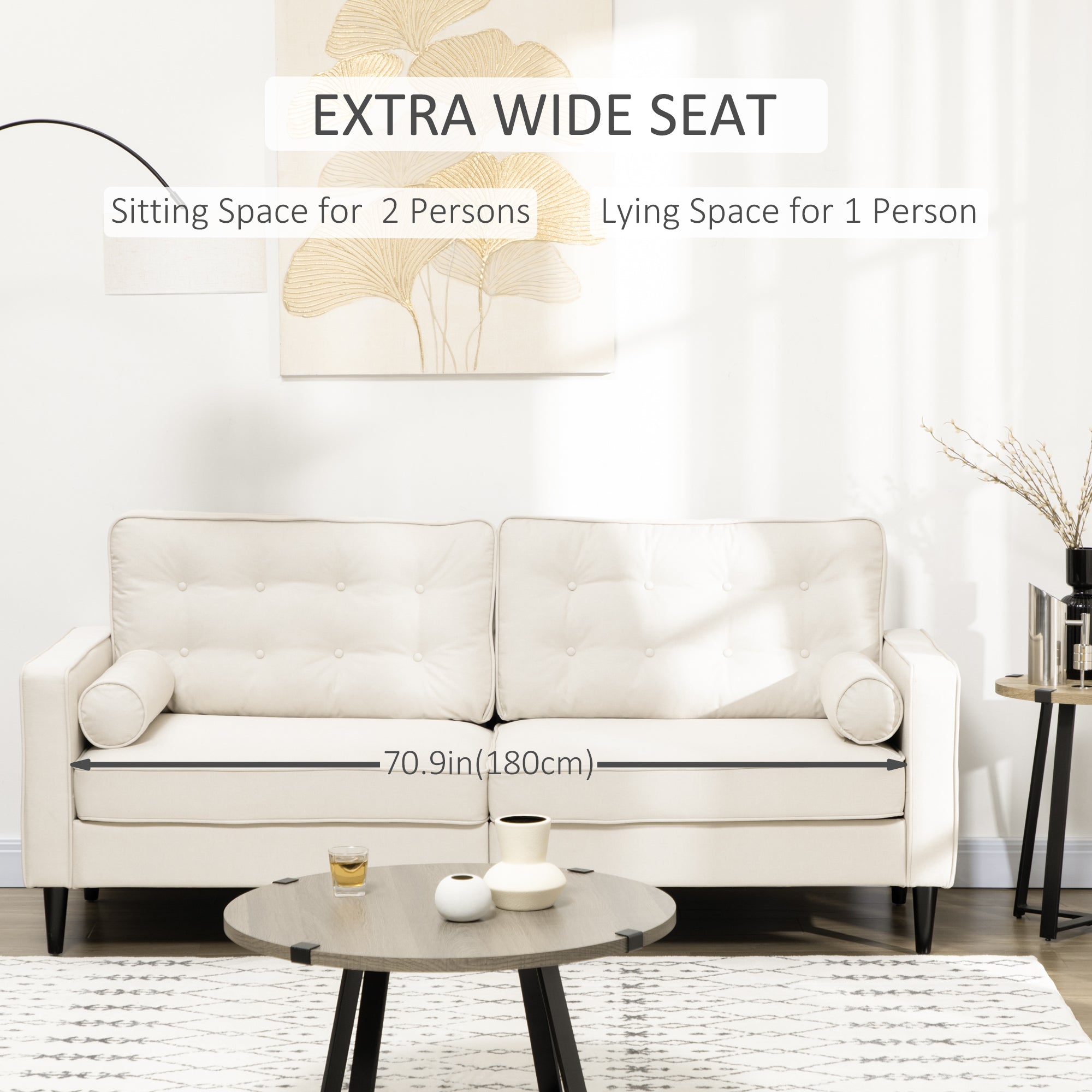 HOMCOM Mid-Century Sofa, Couch with Button-Tufted Back Cushion, Velvet Feel Fabric Upholstery, 2 Cylindrical Pillows and Rubber Wood Legs for Living Room, Cream White