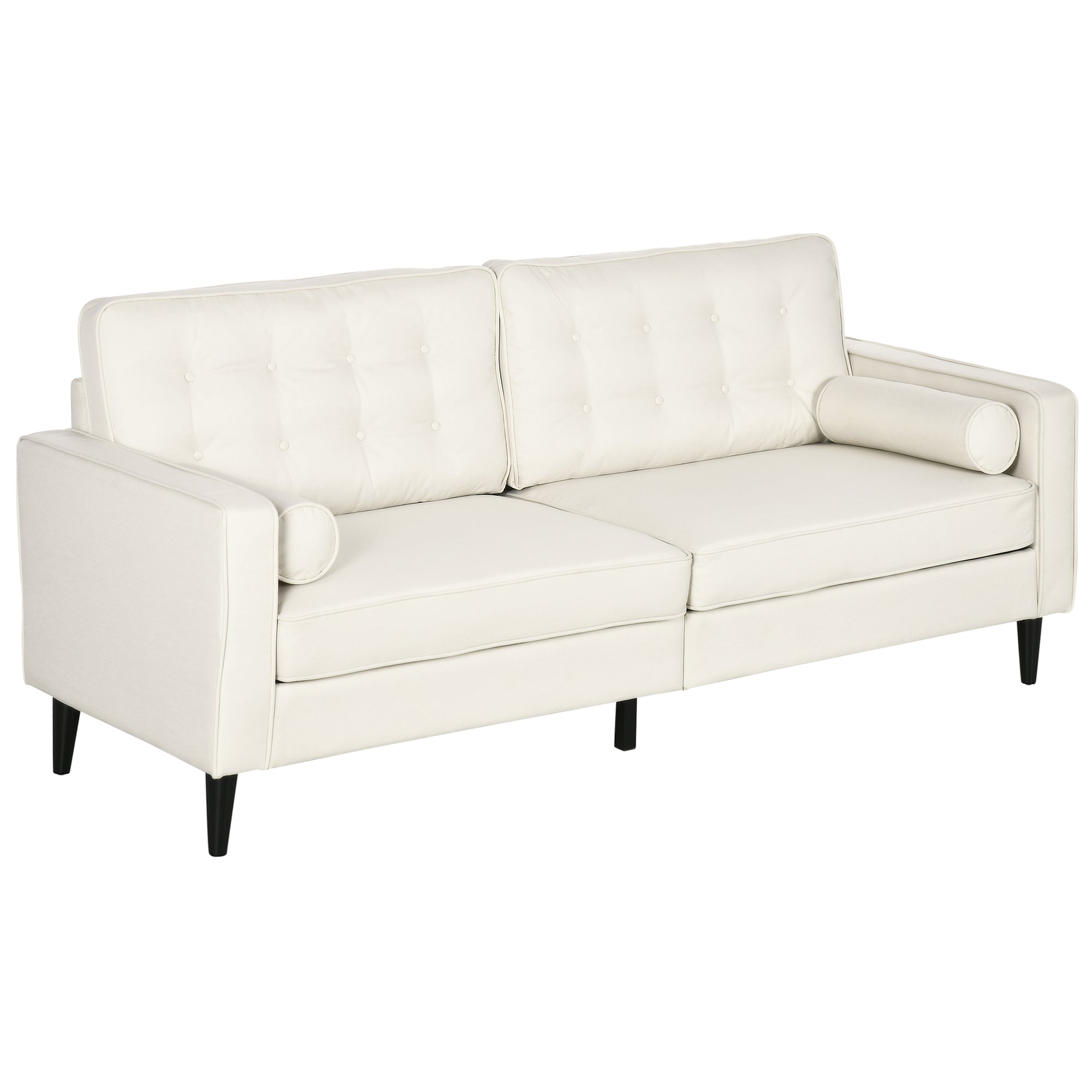 HOMCOM Mid-Century Sofa, Couch with Button-Tufted Back Cushion, Velvet Feel Fabric Upholstery, 2 Cylindrical Pillows and Rubber Wood Legs for Living Room, Cream White