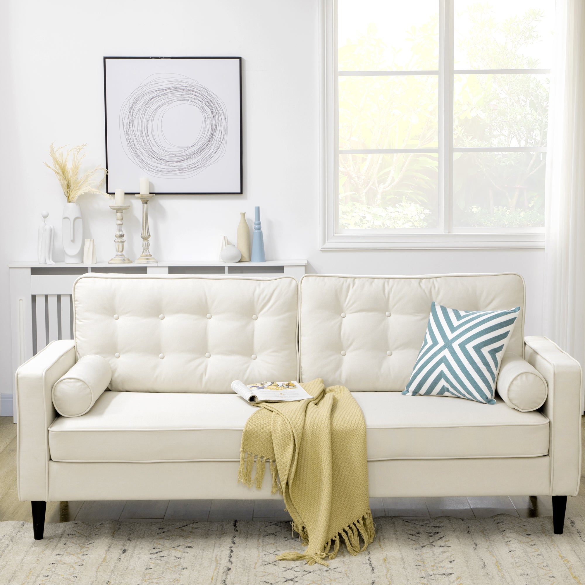 HOMCOM Mid-Century Sofa, Couch with Button-Tufted Back Cushion, Velvet Feel Fabric Upholstery, 2 Cylindrical Pillows and Rubber Wood Legs for Living Room, Cream White