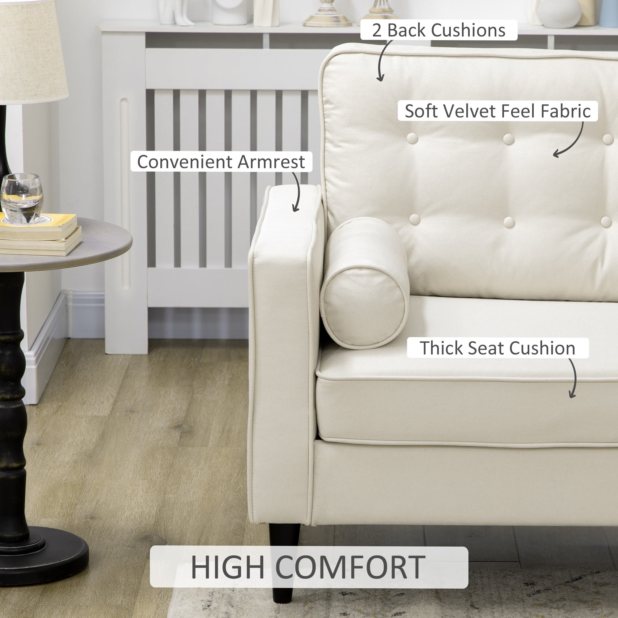 HOMCOM Mid-Century Sofa, Couch with Button-Tufted Back Cushion, Velvet Feel Fabric Upholstery, 2 Cylindrical Pillows and Rubber Wood Legs for Living Room, Cream White