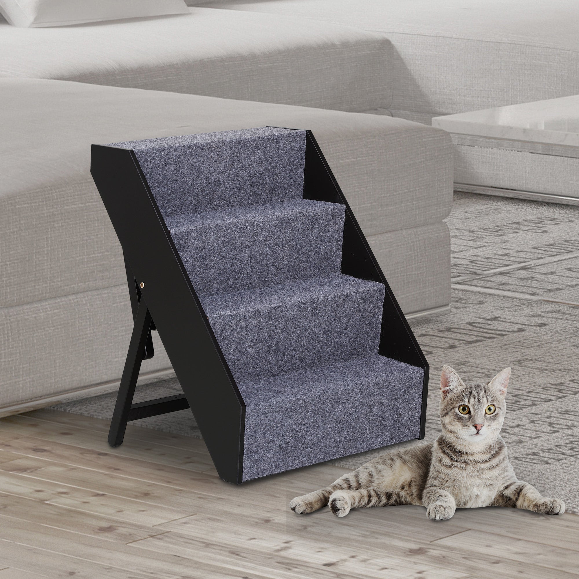 PawHut 4 Step Height Adjustable Portable Wooden Easy Climb Pet Stairs - Dark Brown