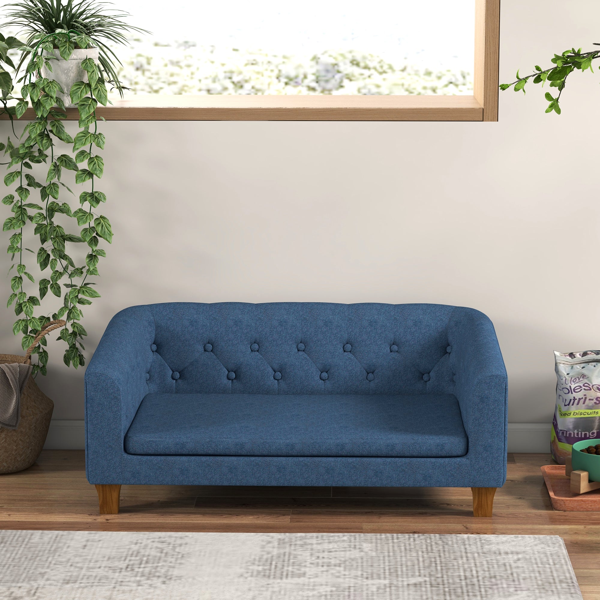 PawHut Raised Dog Sofa, Elevated Pet Couch for Small and Medium Dogs, with Removable Soft Cushion, Anti-Slip Pads, Simple Installation, Blue