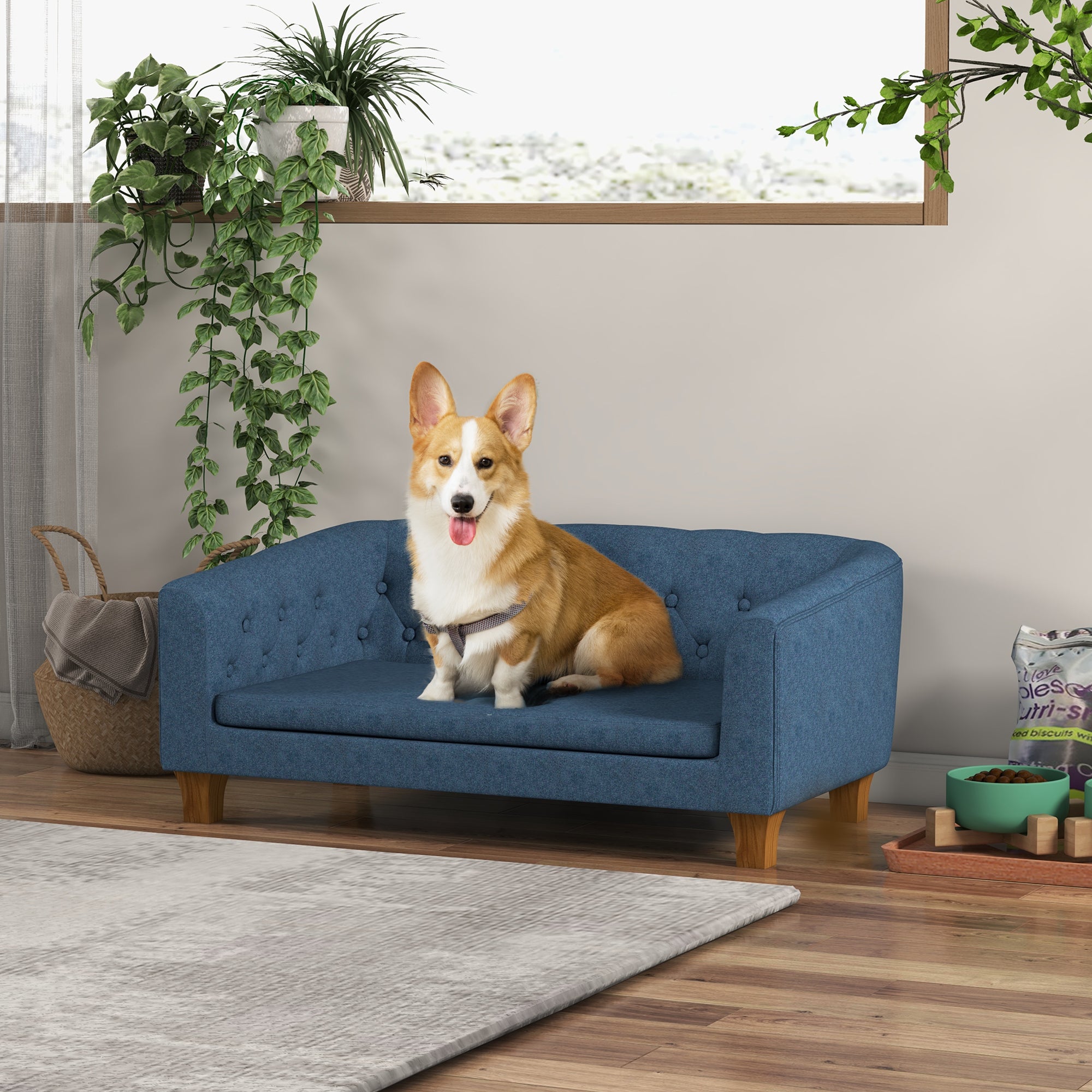PawHut Raised Dog Sofa, Elevated Pet Couch for Small and Medium Dogs, with Removable Soft Cushion, Anti-Slip Pads, Simple Installation, Blue