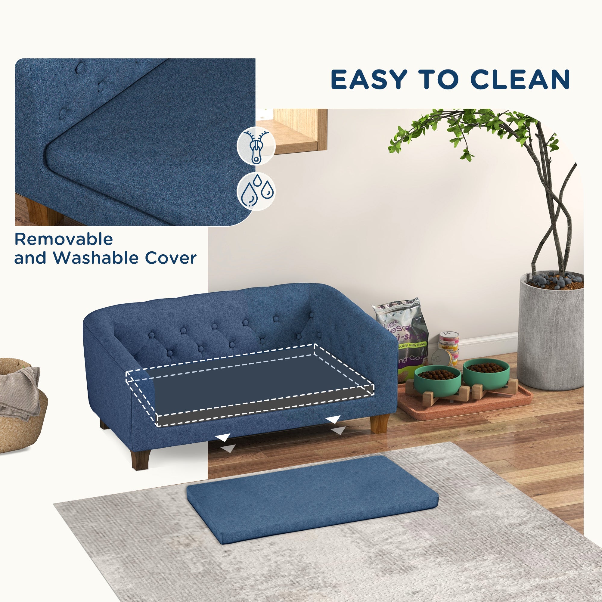PawHut Raised Dog Sofa, Elevated Pet Couch for Small and Medium Dogs, with Removable Soft Cushion, Anti-Slip Pads, Simple Installation, Blue