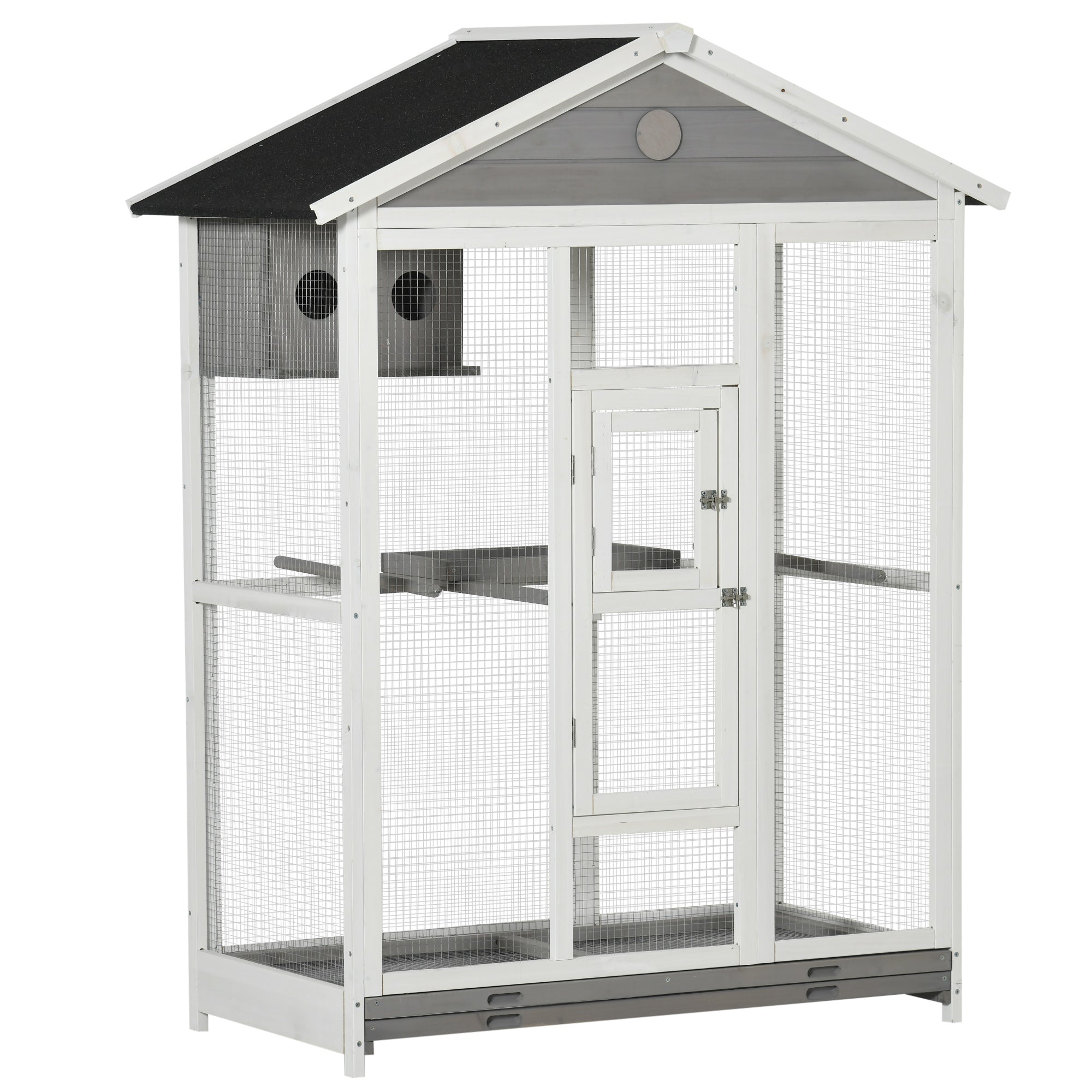 PawHut 64.5" Bird Cage Large Wooden Aviary for Canary with Standing Pole Nest Slide-out Tray for Indoor Outdoor Grey