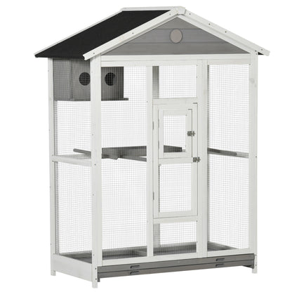 PawHut 64.5" Bird Cage Large Wooden Aviary for Canary with Standing Pole Nest Slide-out Tray for Indoor Outdoor Grey
