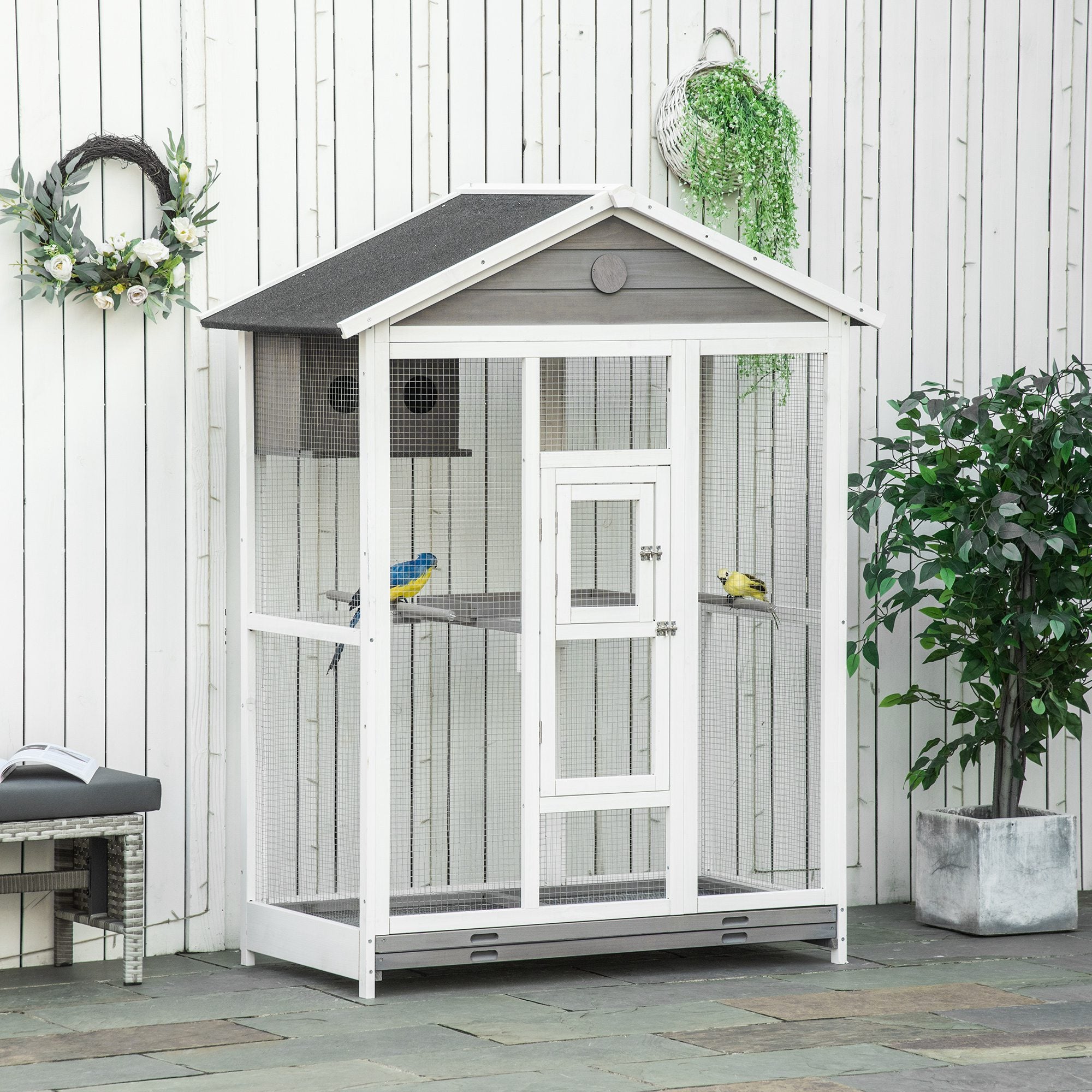 PawHut 64.5" Bird Cage Large Wooden Aviary for Canary with Standing Pole Nest Slide-out Tray for Indoor Outdoor Grey