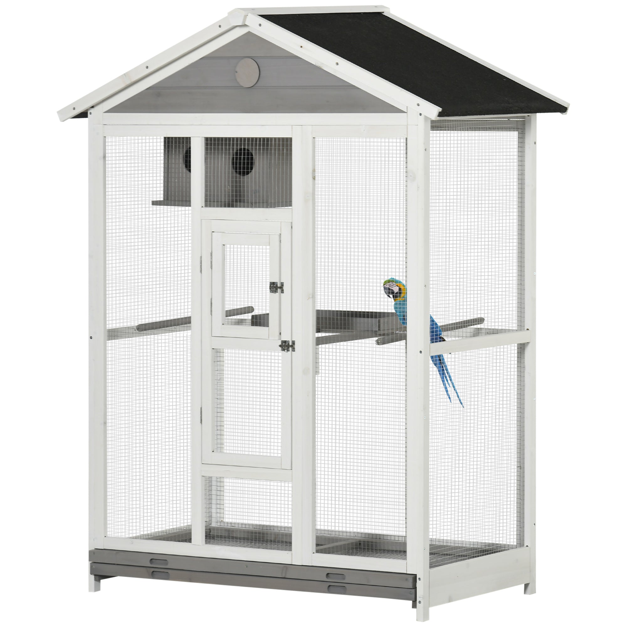 PawHut 64.5" Bird Cage Large Wooden Aviary for Canary with Standing Pole Nest Slide-out Tray for Indoor Outdoor Grey