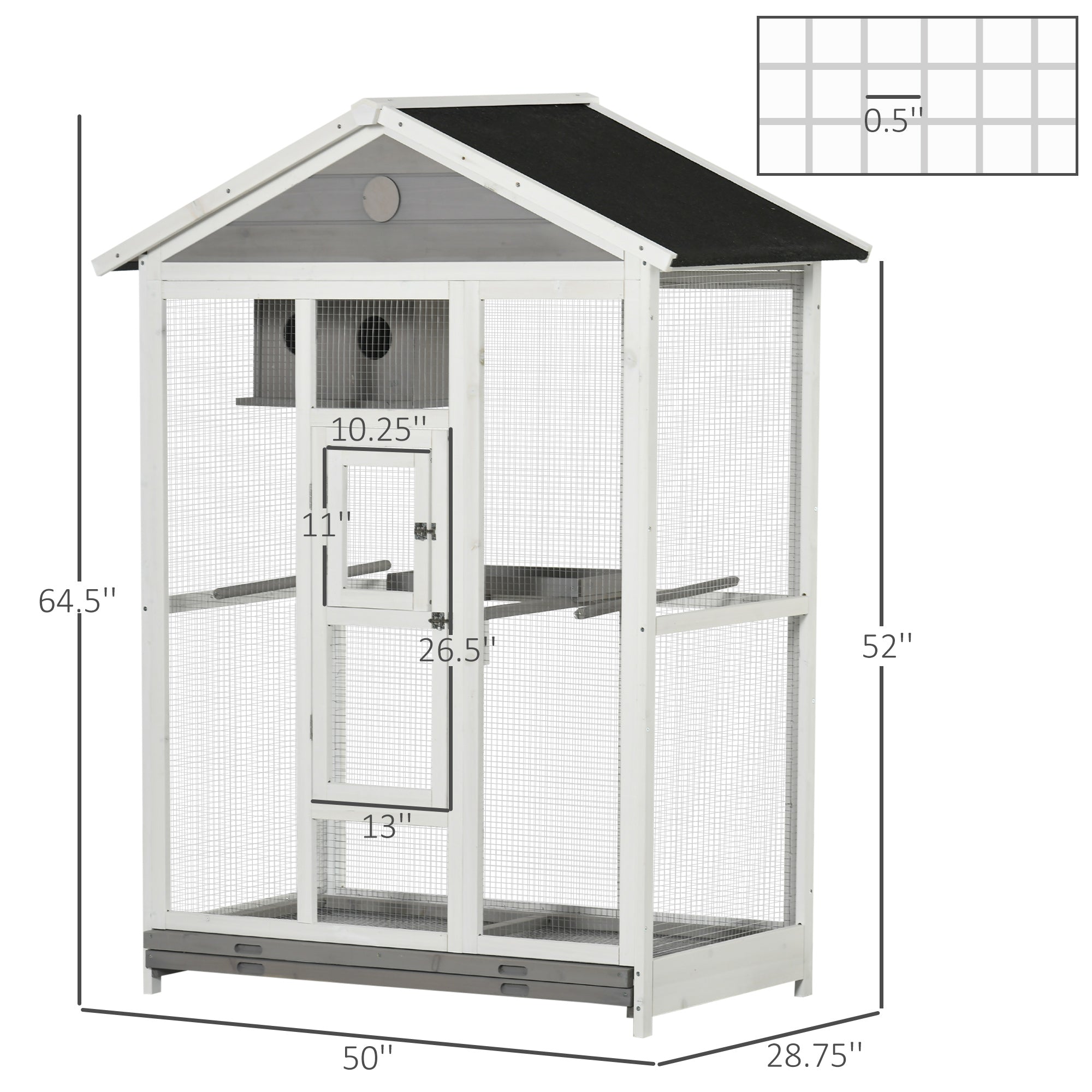 PawHut 64.5" Bird Cage Large Wooden Aviary for Canary with Standing Pole Nest Slide-out Tray for Indoor Outdoor Grey