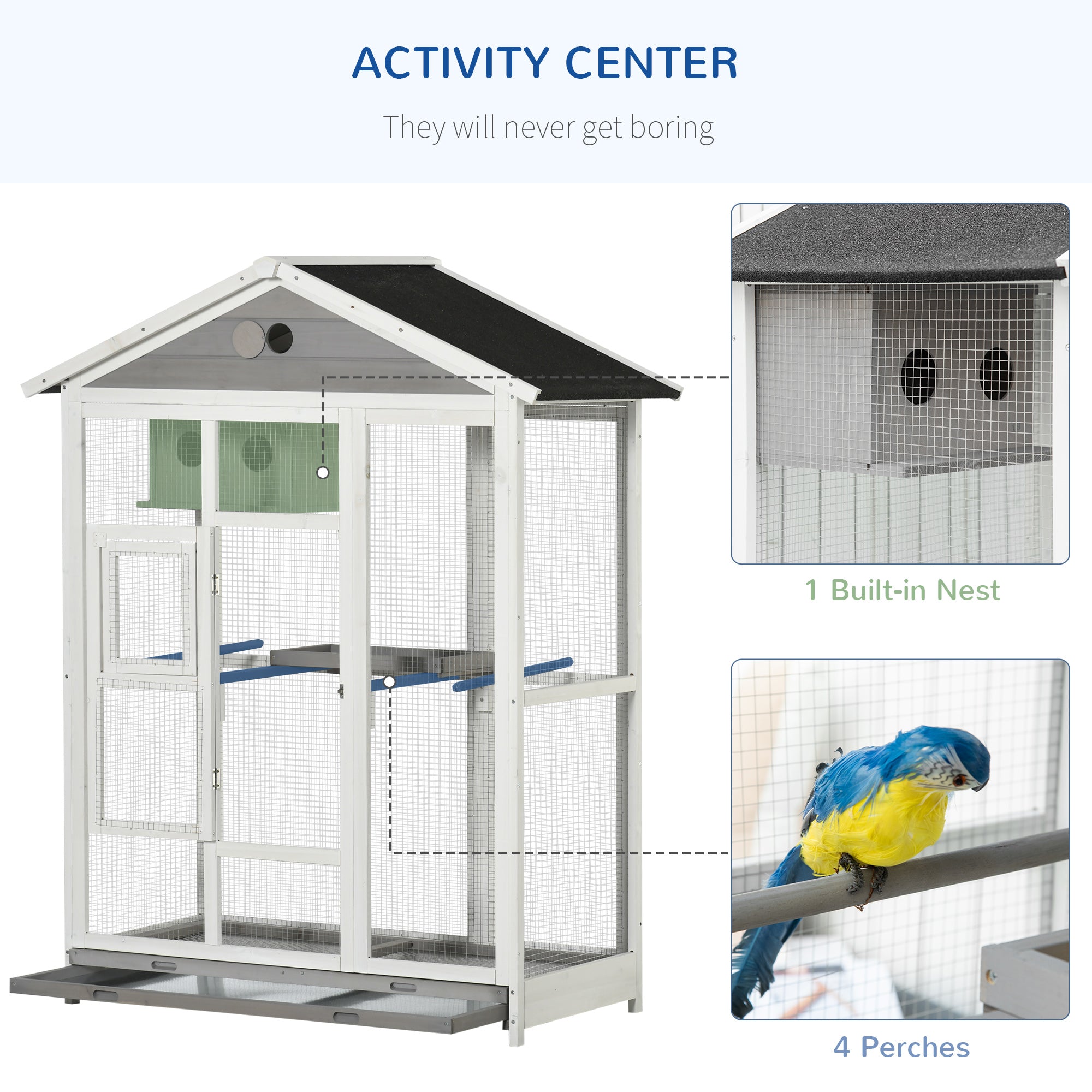 PawHut 64.5" Bird Cage Large Wooden Aviary for Canary with Standing Pole Nest Slide-out Tray for Indoor Outdoor Grey