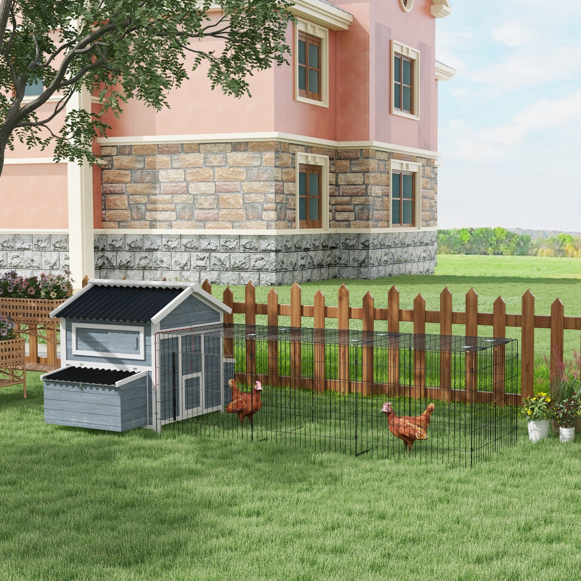 PawHut 11' x 5' x 3.5' Chicken Coop, Large Wooden Chicken House with Run, Nesting Boxes, Slide-out Tray, Perches for 2-4 Chickens, Dark Grey