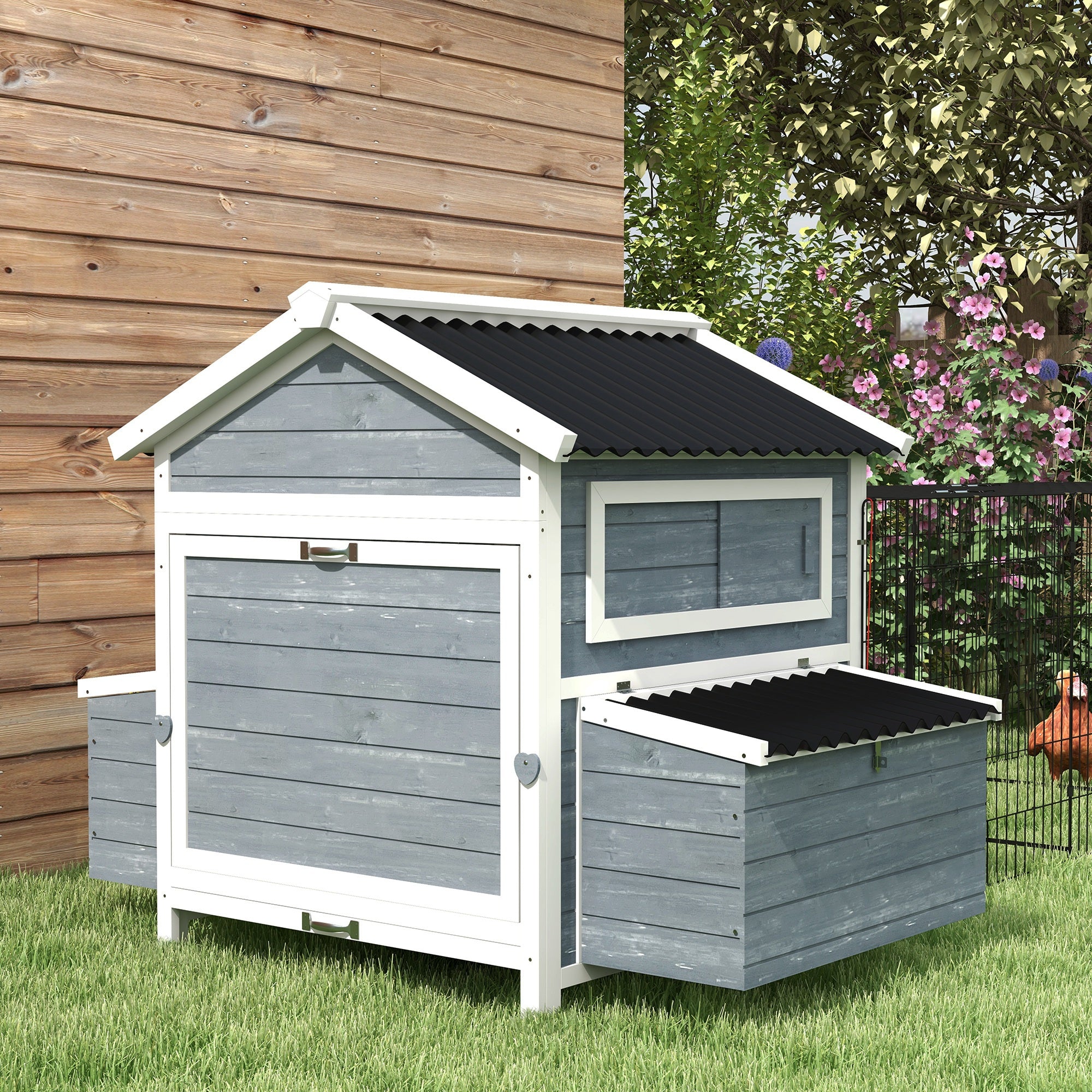 PawHut 11' x 5' x 3.5' Chicken Coop, Large Wooden Chicken House with Run, Nesting Boxes, Slide-out Tray, Perches for 2-4 Chickens, Dark Grey