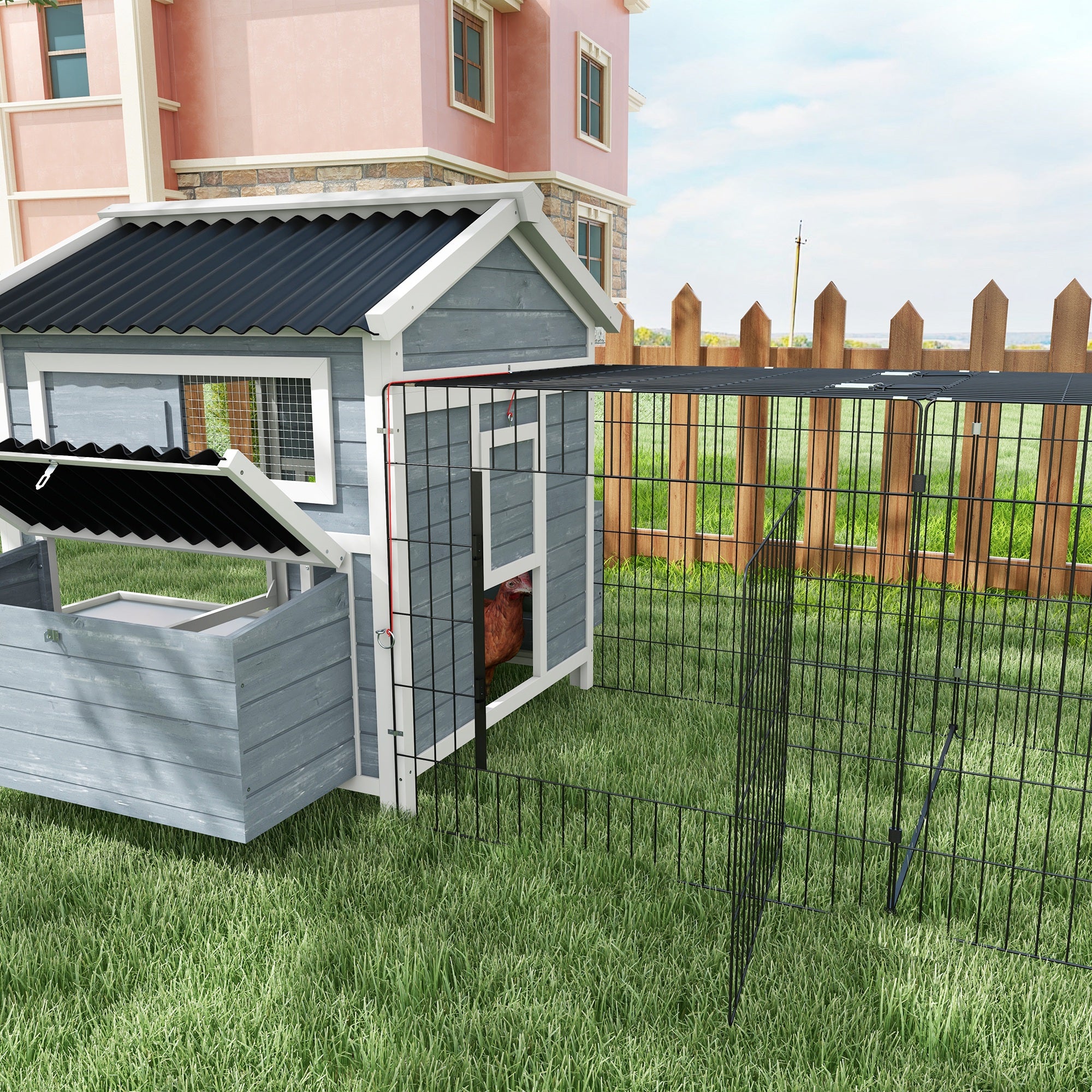 PawHut 11' x 5' x 3.5' Chicken Coop, Large Wooden Chicken House with Run, Nesting Boxes, Slide-out Tray, Perches for 2-4 Chickens, Dark Grey