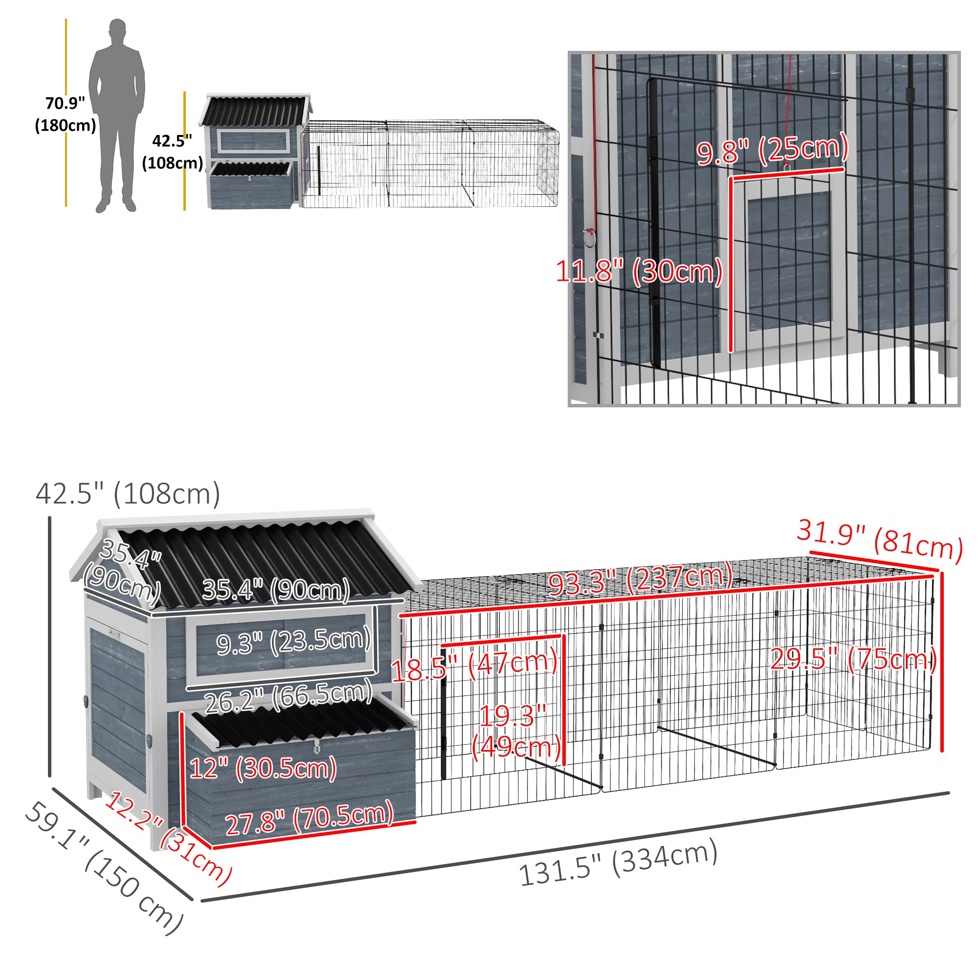 PawHut 11' x 5' x 3.5' Chicken Coop, Large Wooden Chicken House with Run, Nesting Boxes, Slide-out Tray, Perches for 2-4 Chickens, Dark Grey