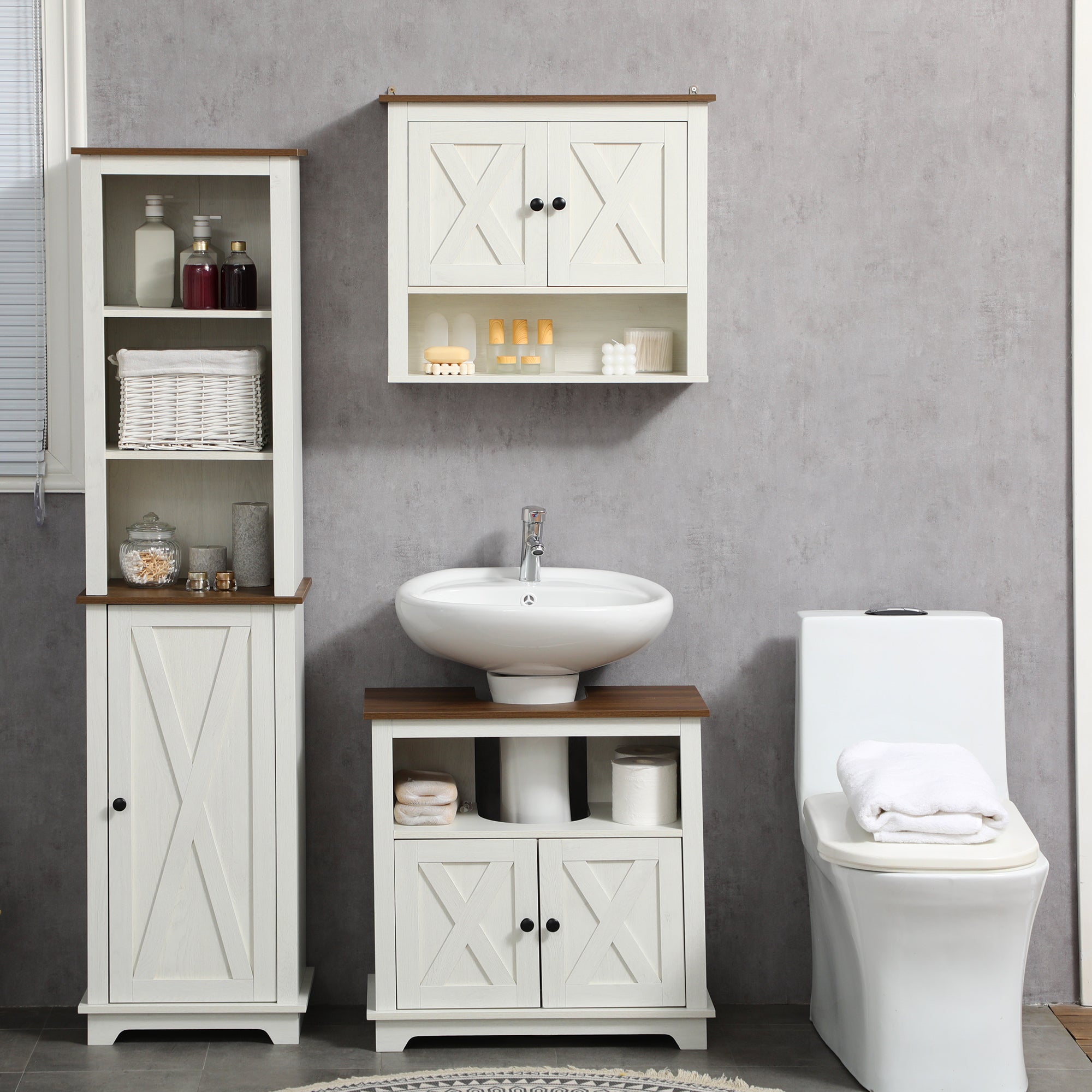 kleankin Bathroom Vanity, Farmhouse Bathroom Vanity Cabinet, Pedestal Sink Storage Cabinet with Double Doors and Storage Shelves, White