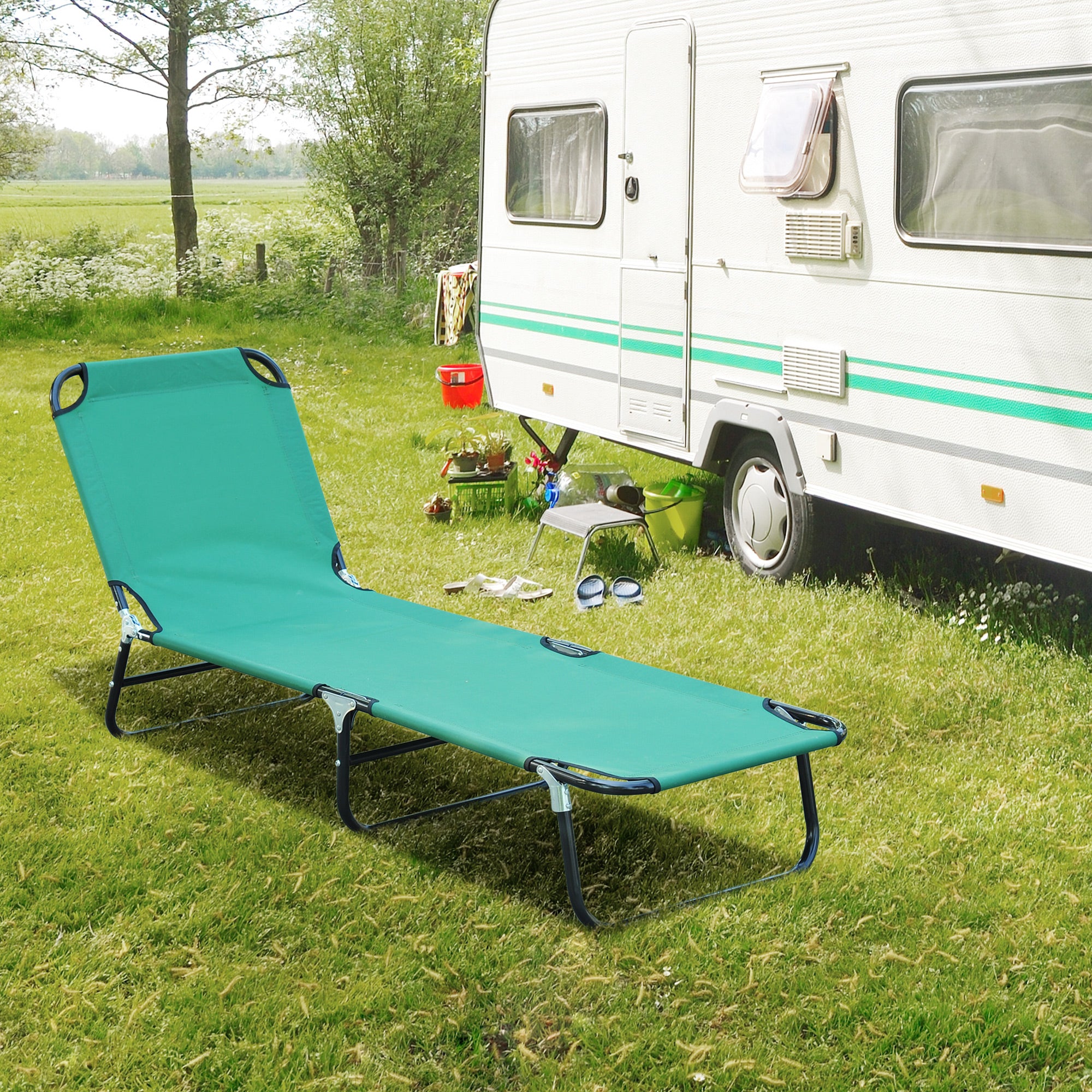 Outsunny Folding Lounge Chair, Outdoor Sun Tanning Chair with 5 Level Reclining Back, Steel Frame and Breathable Mesh for Beach, Yard, Patio, Dark Green