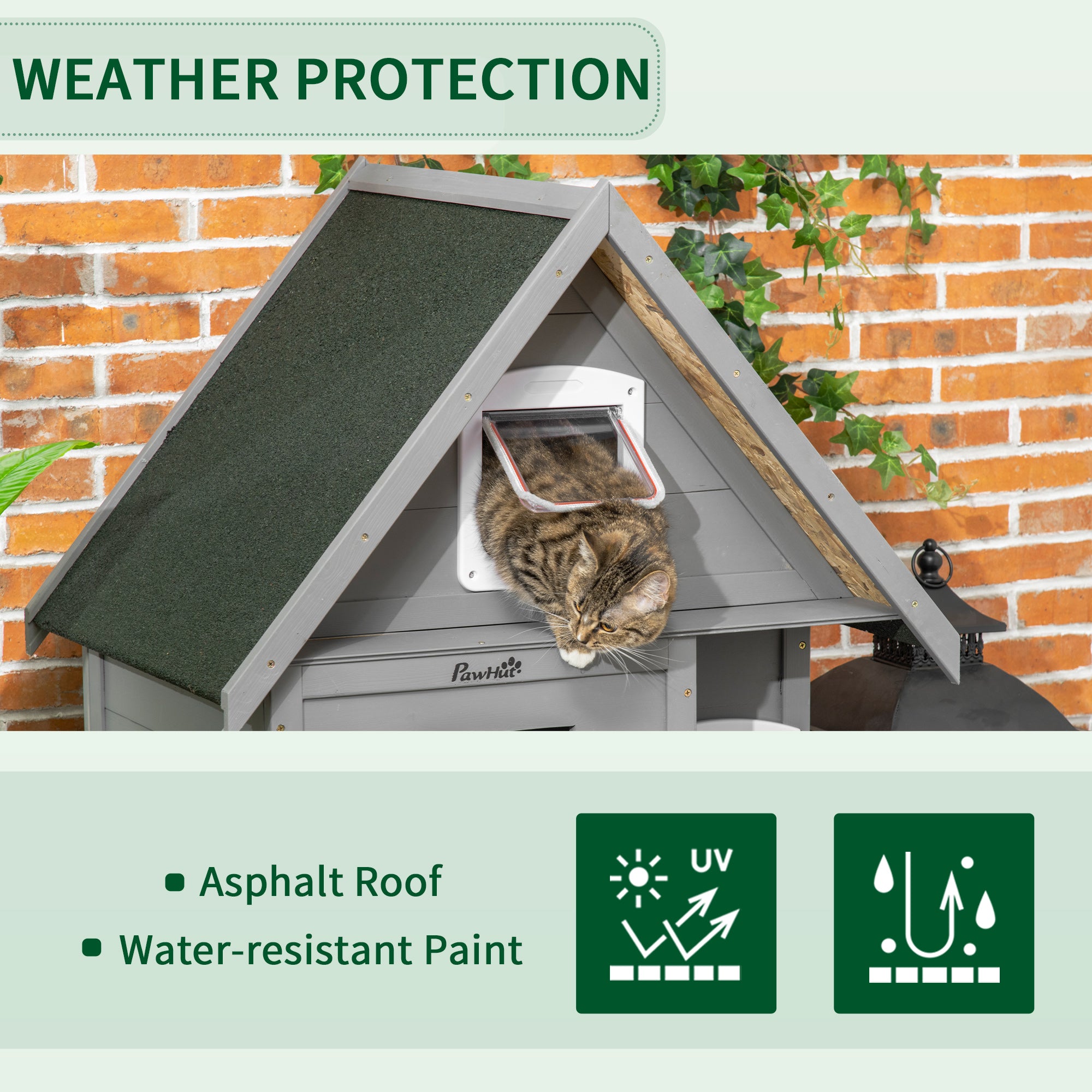 PawHut Wooden Cat House Outdoor with Escape Door, Weatherproof 3-Floor Cat Shelter for 1-2 Feral Cats with Asphalt Roof, Balcony, Stair, Gray