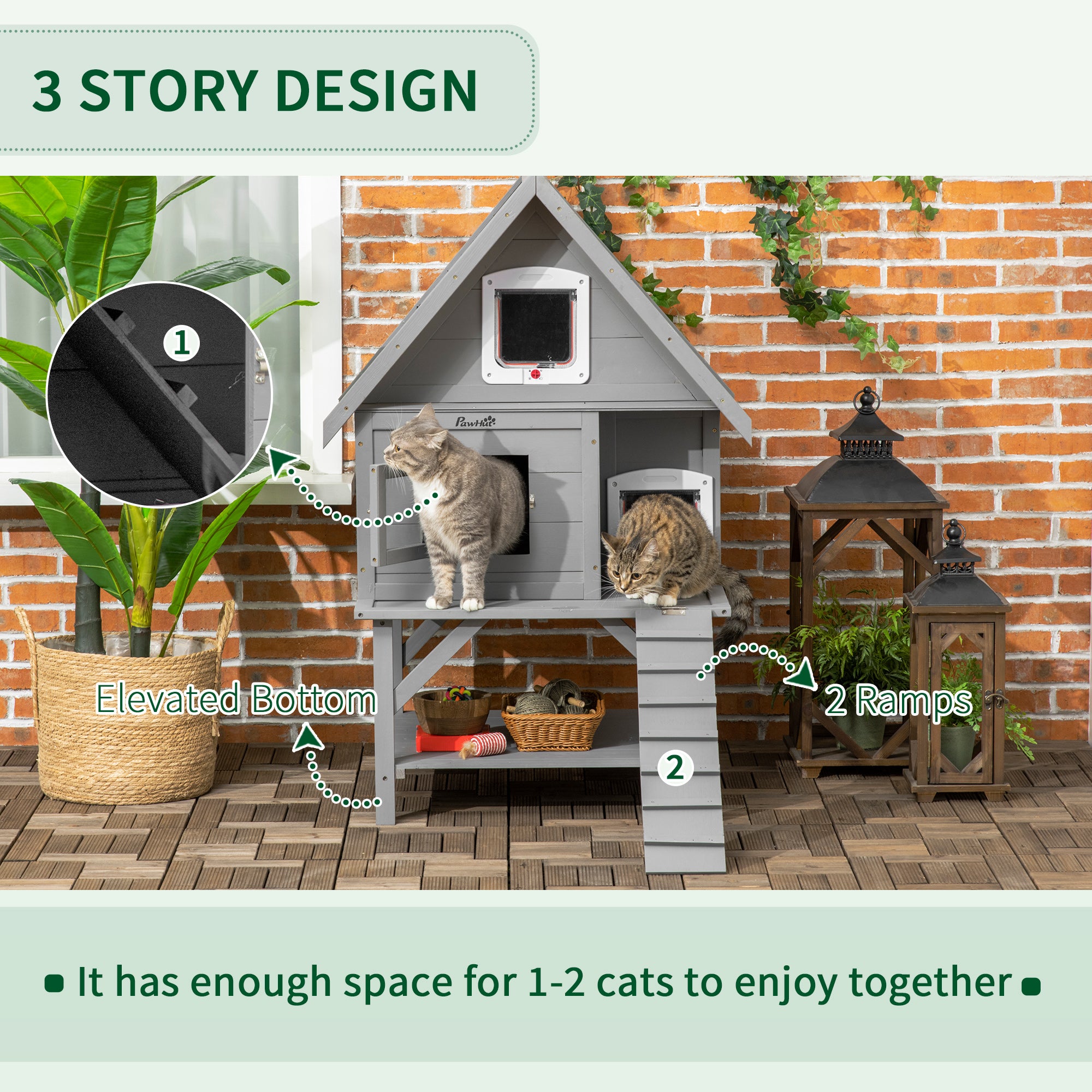 PawHut Wooden Cat House Outdoor with Escape Door, Weatherproof 3-Floor Cat Shelter for 1-2 Feral Cats with Asphalt Roof, Balcony, Stair, Gray